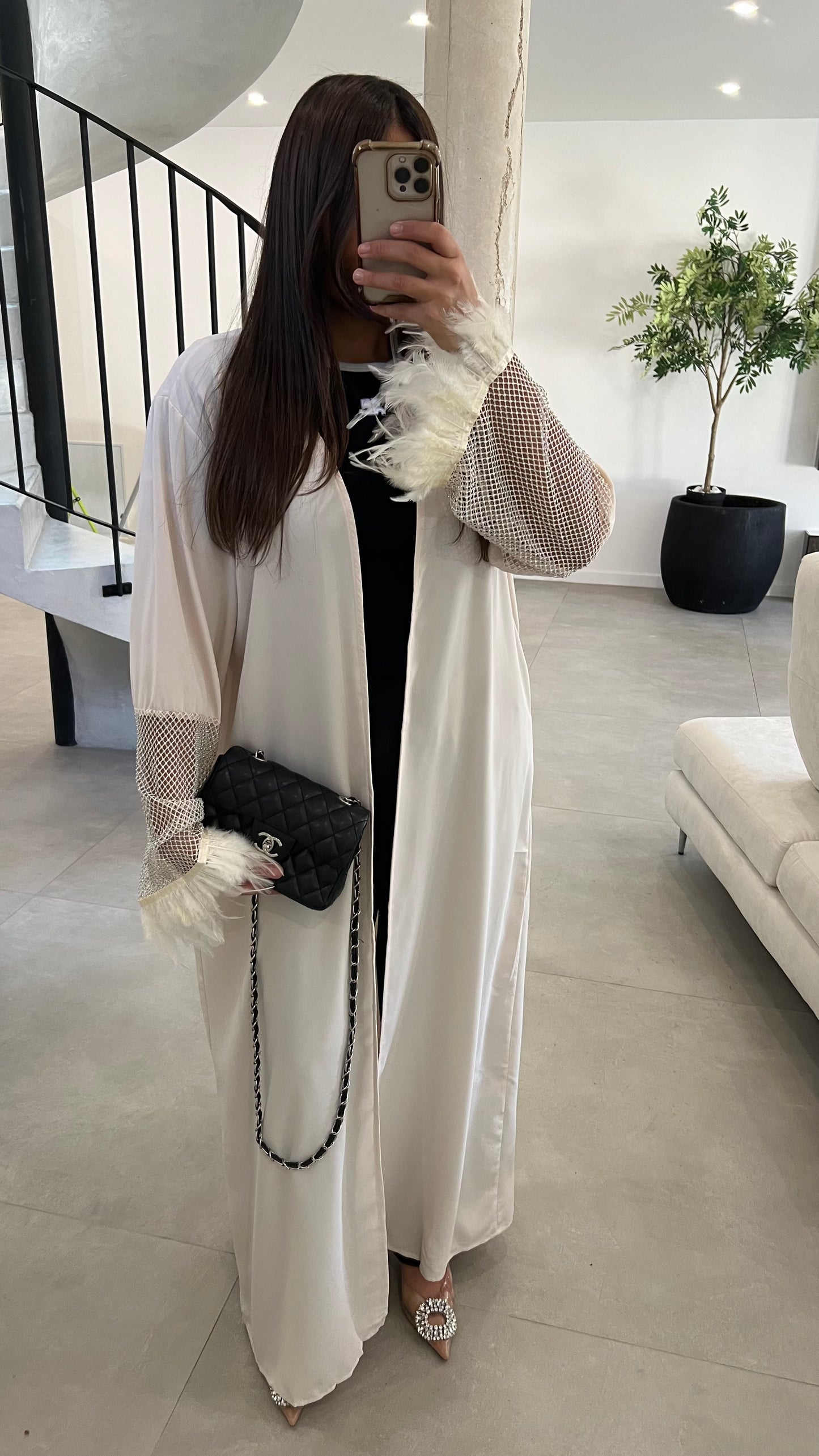 Kimono à strass et plumes beige