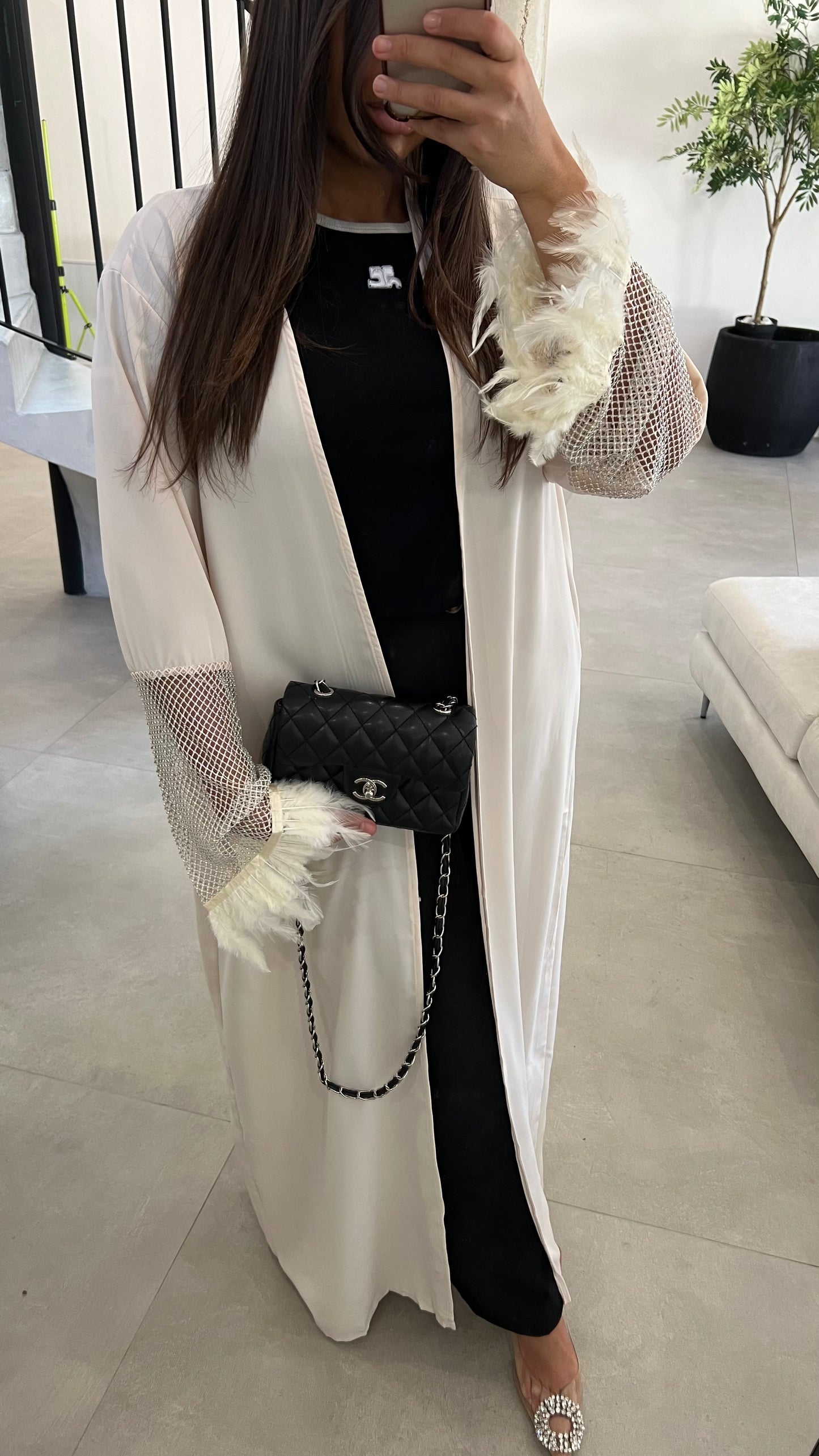 Kimono à strass et plumes beige