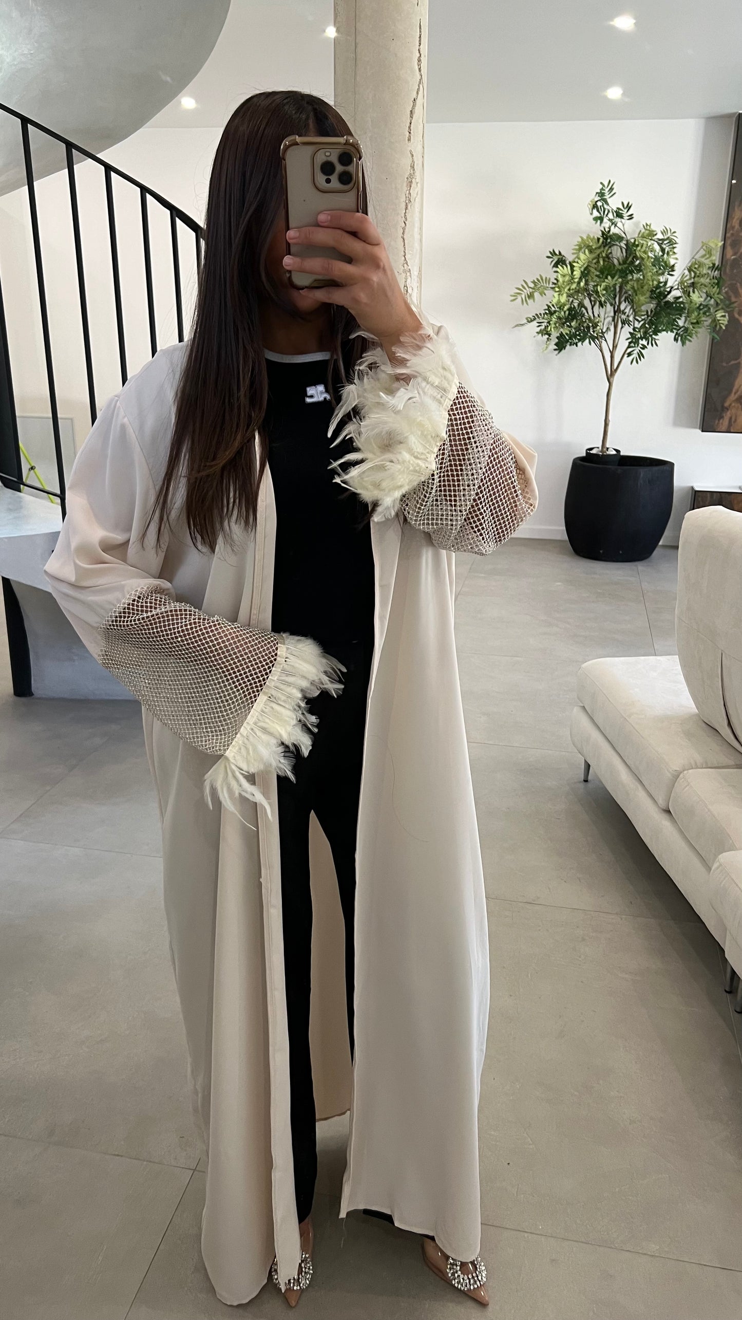 Kimono à strass et plumes beige