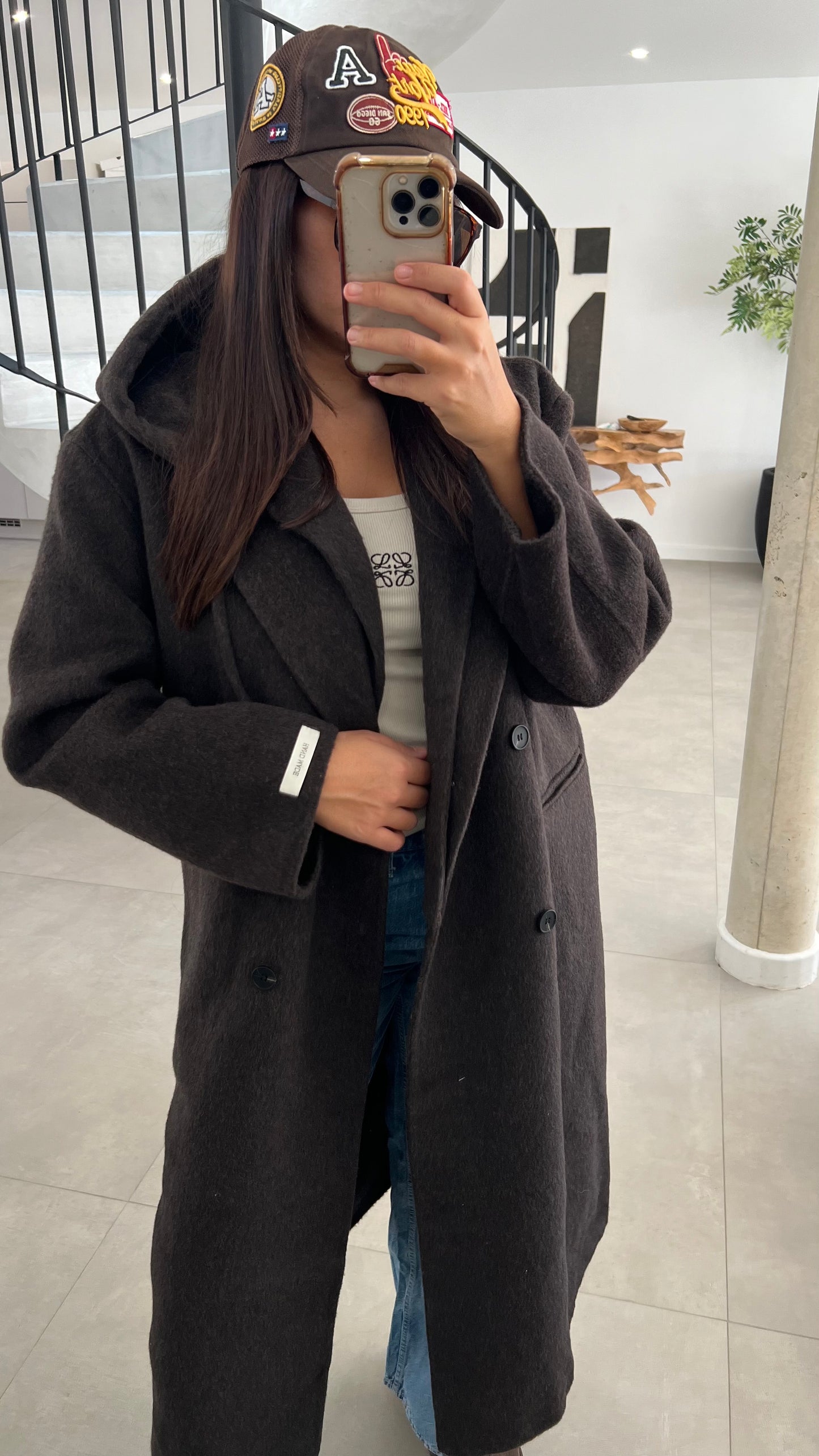 Manteau en laine à capuche amovible choco