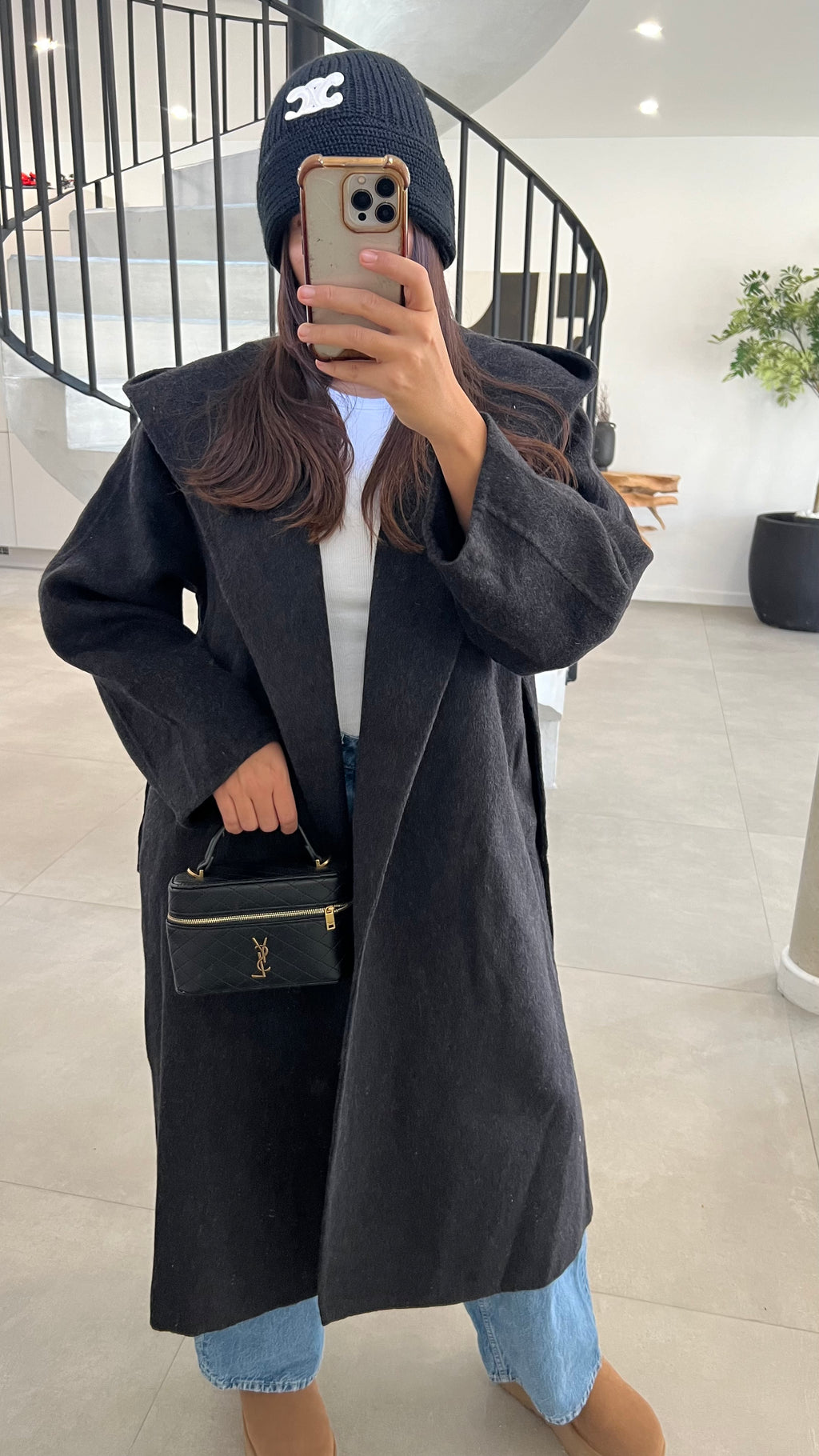 Manteau en laine noir chiné