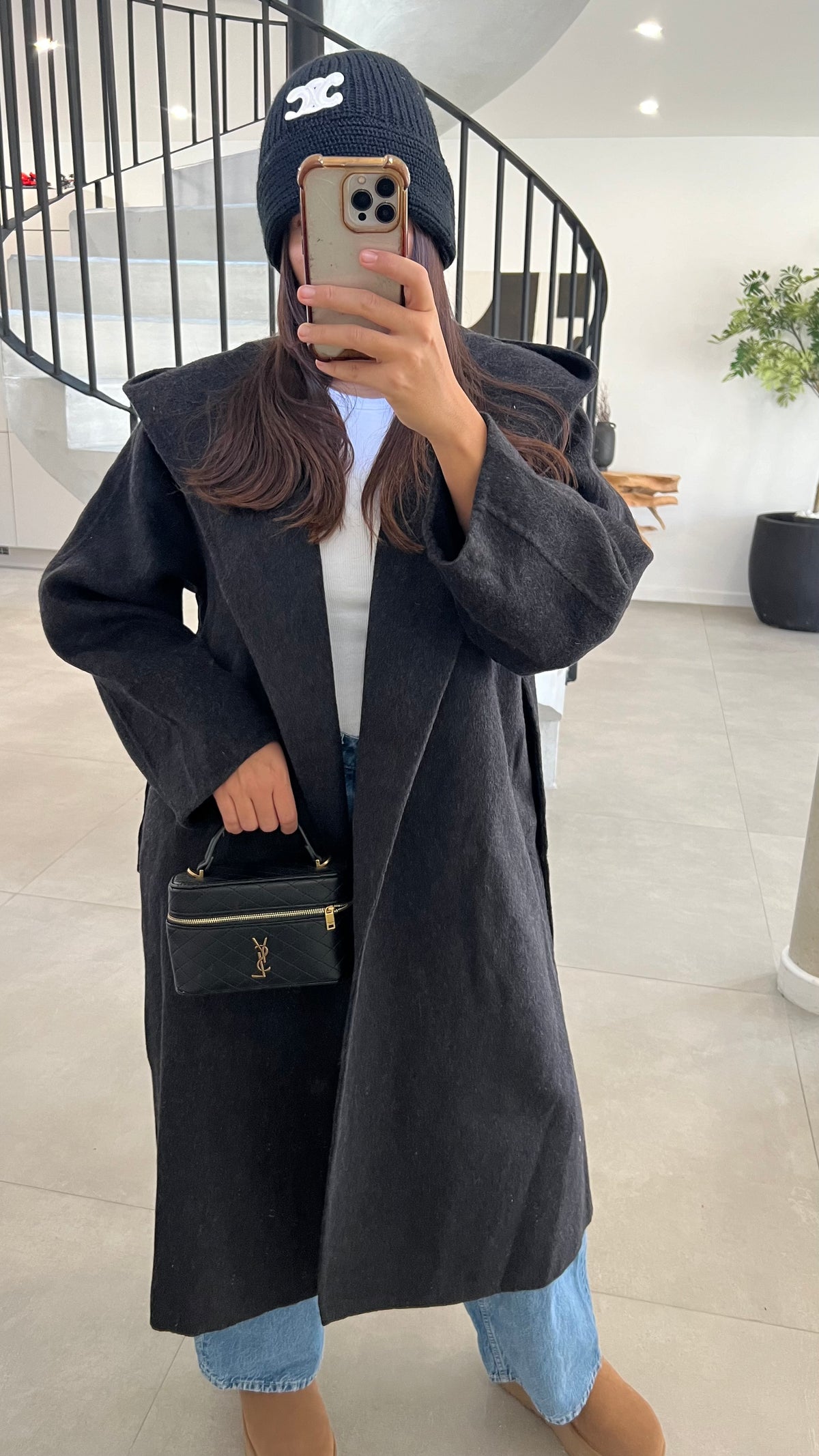 Manteau en laine noir chiné