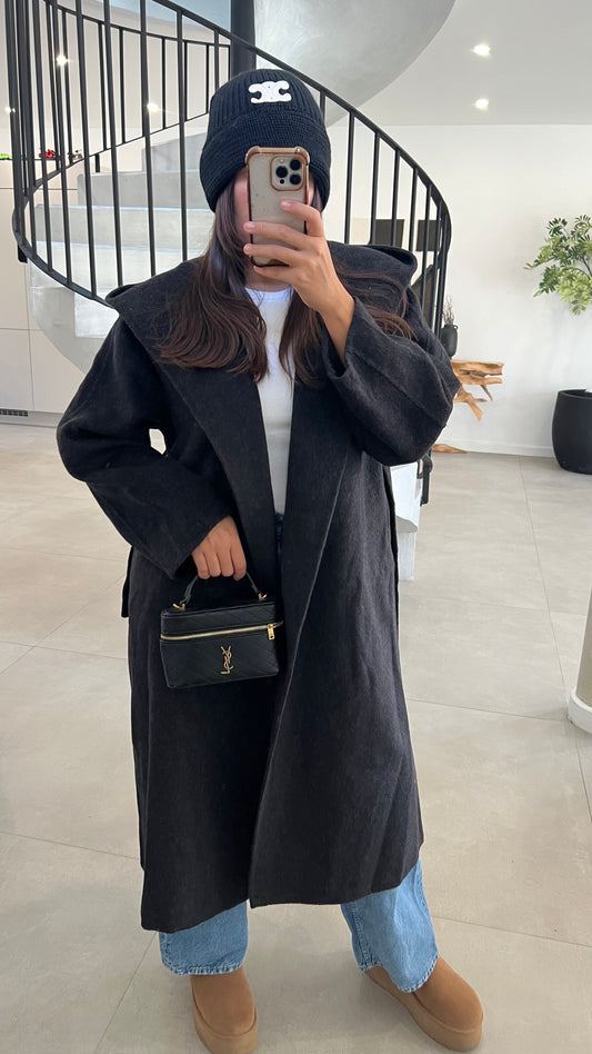 Manteau en laine noir chiné