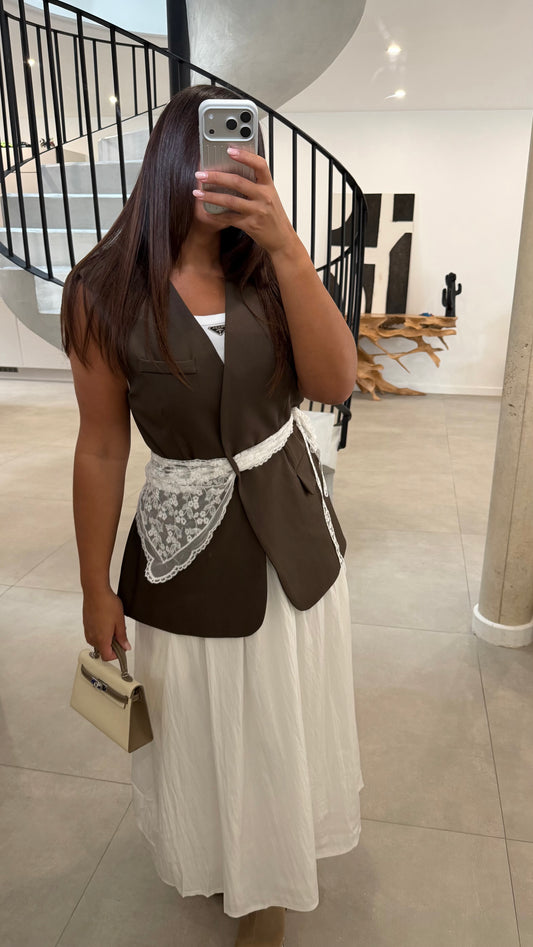 Blazer sans manches choco à foulard à dentelles