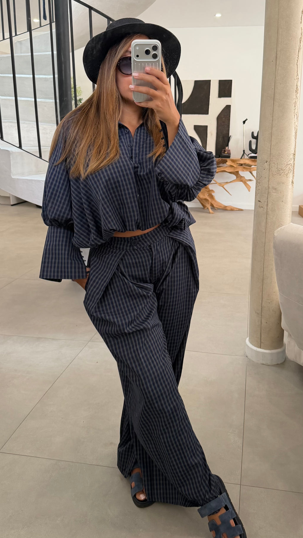 Ensemble a carreaux bleu marine