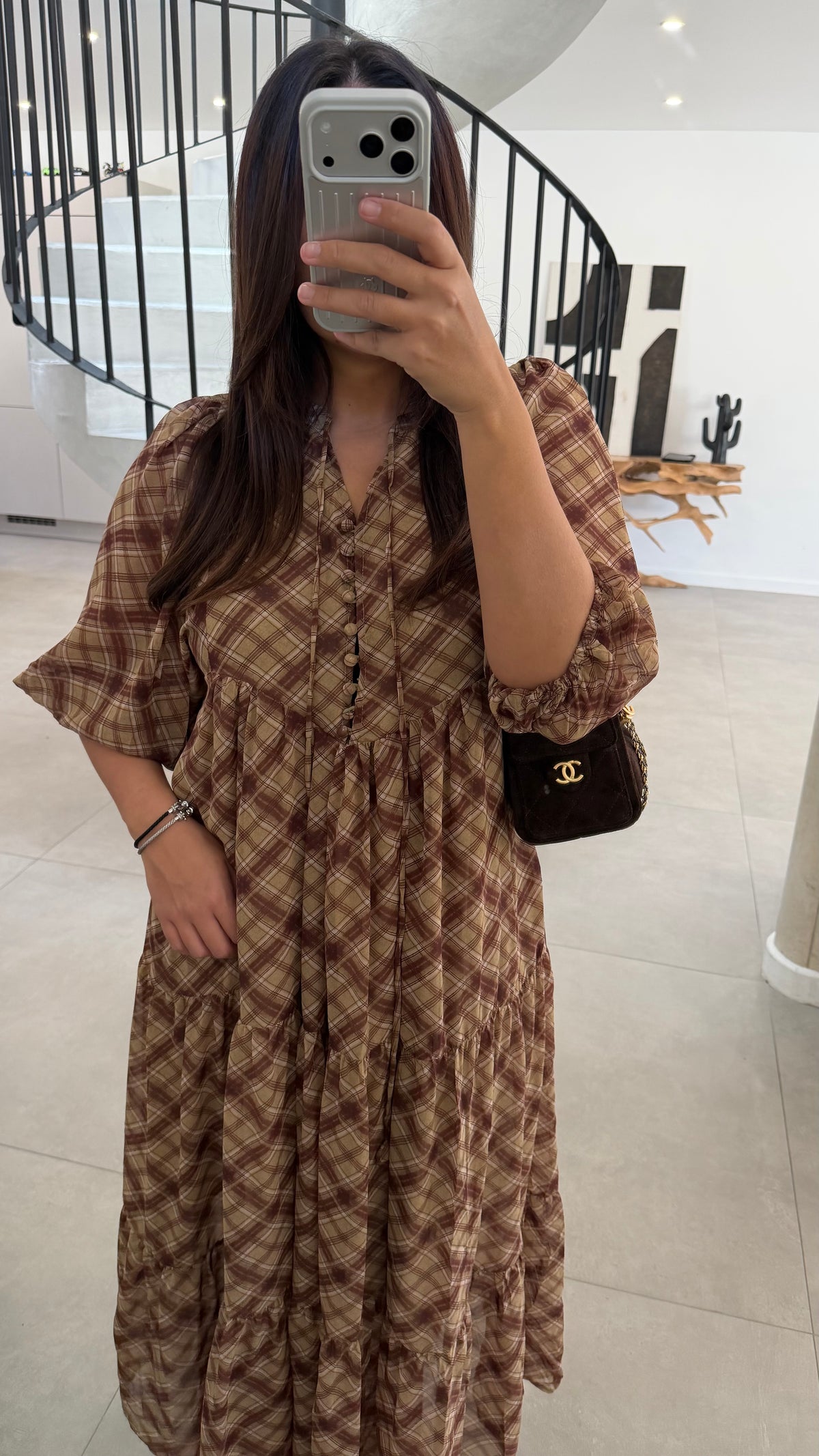 Robe longue en mousseline à carreaux