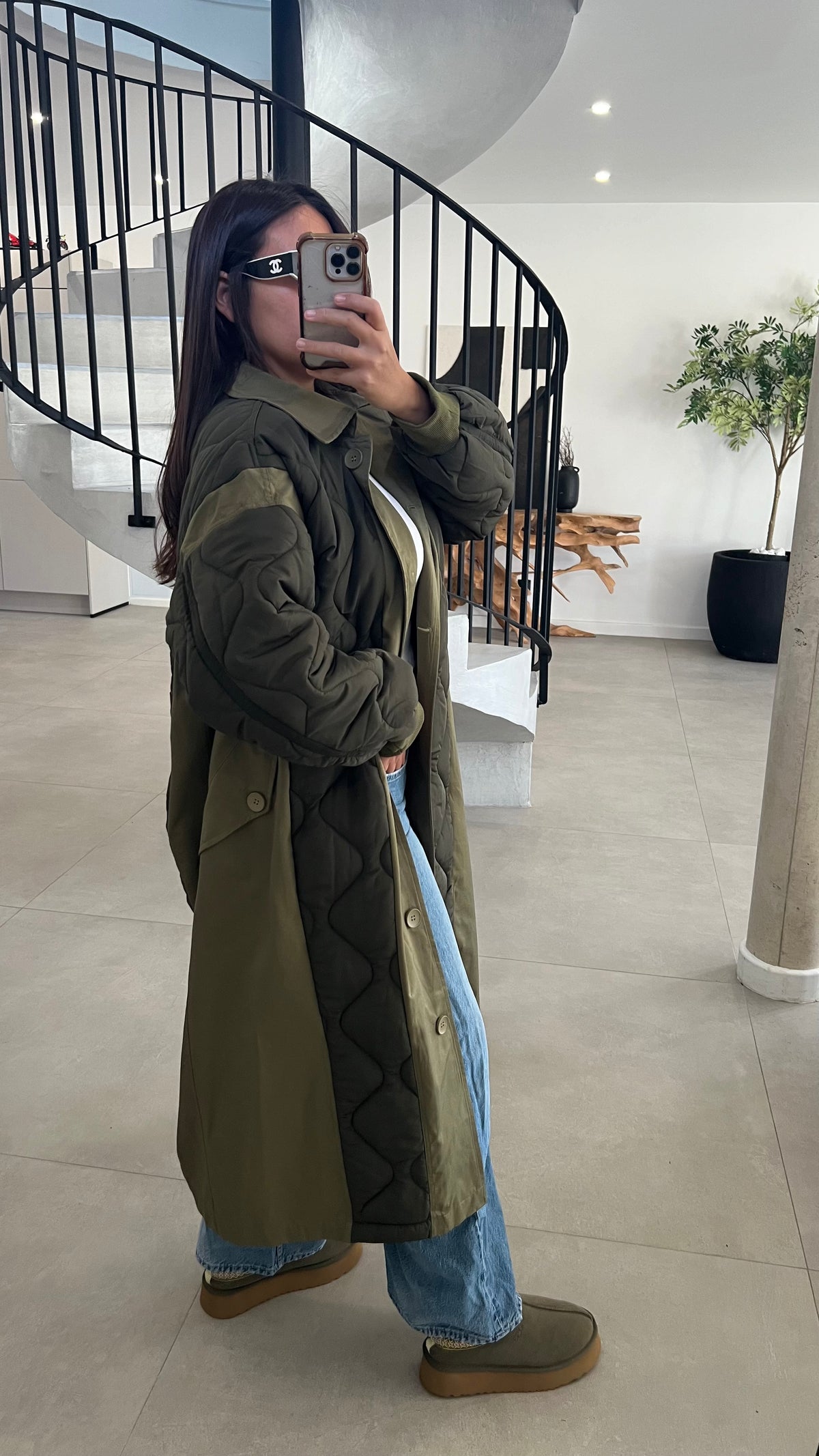 Manteau long matelassé vert kaki