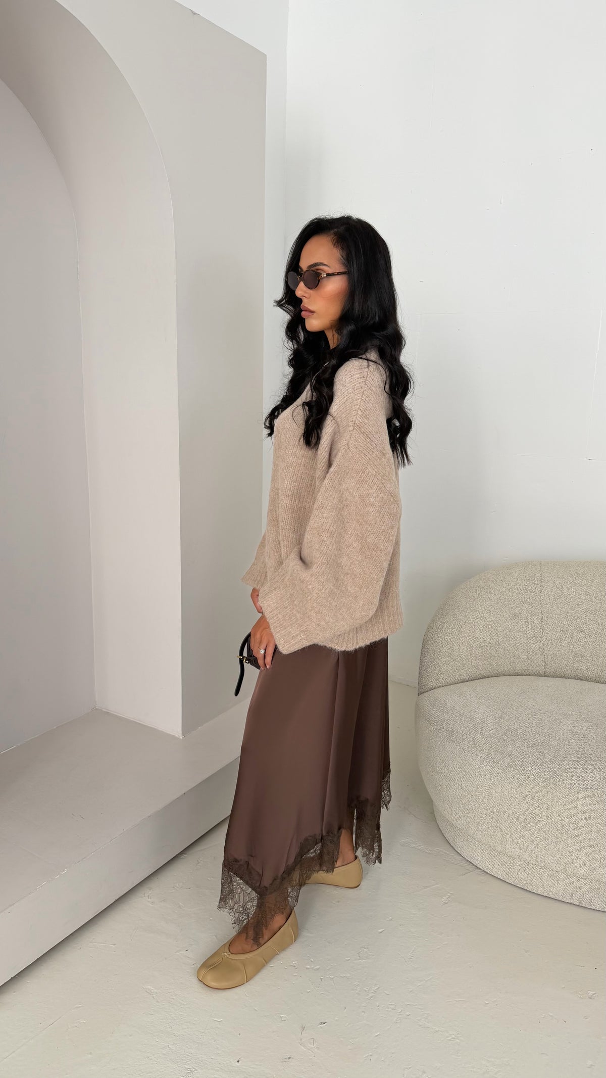 Jupe en satin à dentelle choco