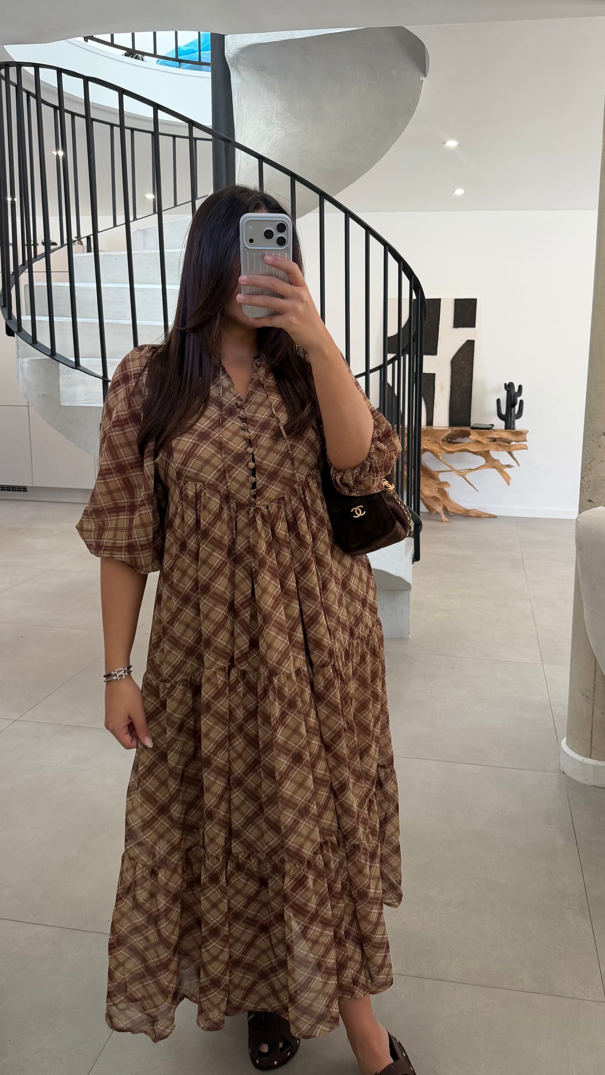 Robe longue en mousseline à carreaux