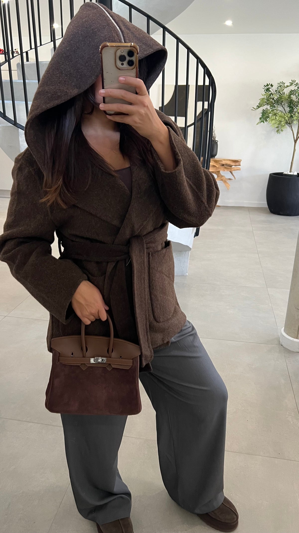 Manteau mi long en laine choco