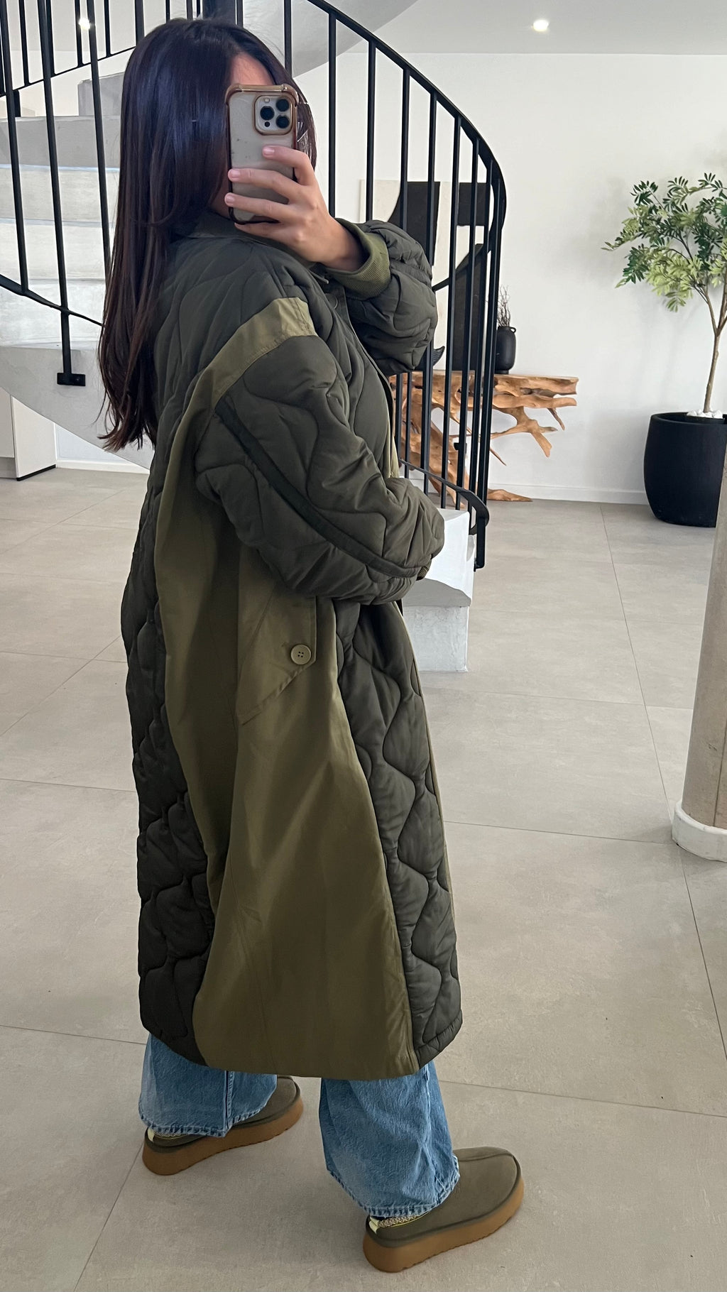 Manteau long matelassé vert kaki