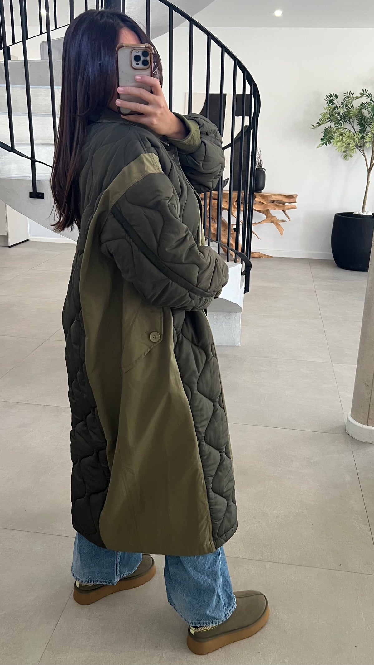 Manteau long matelassé vert kaki