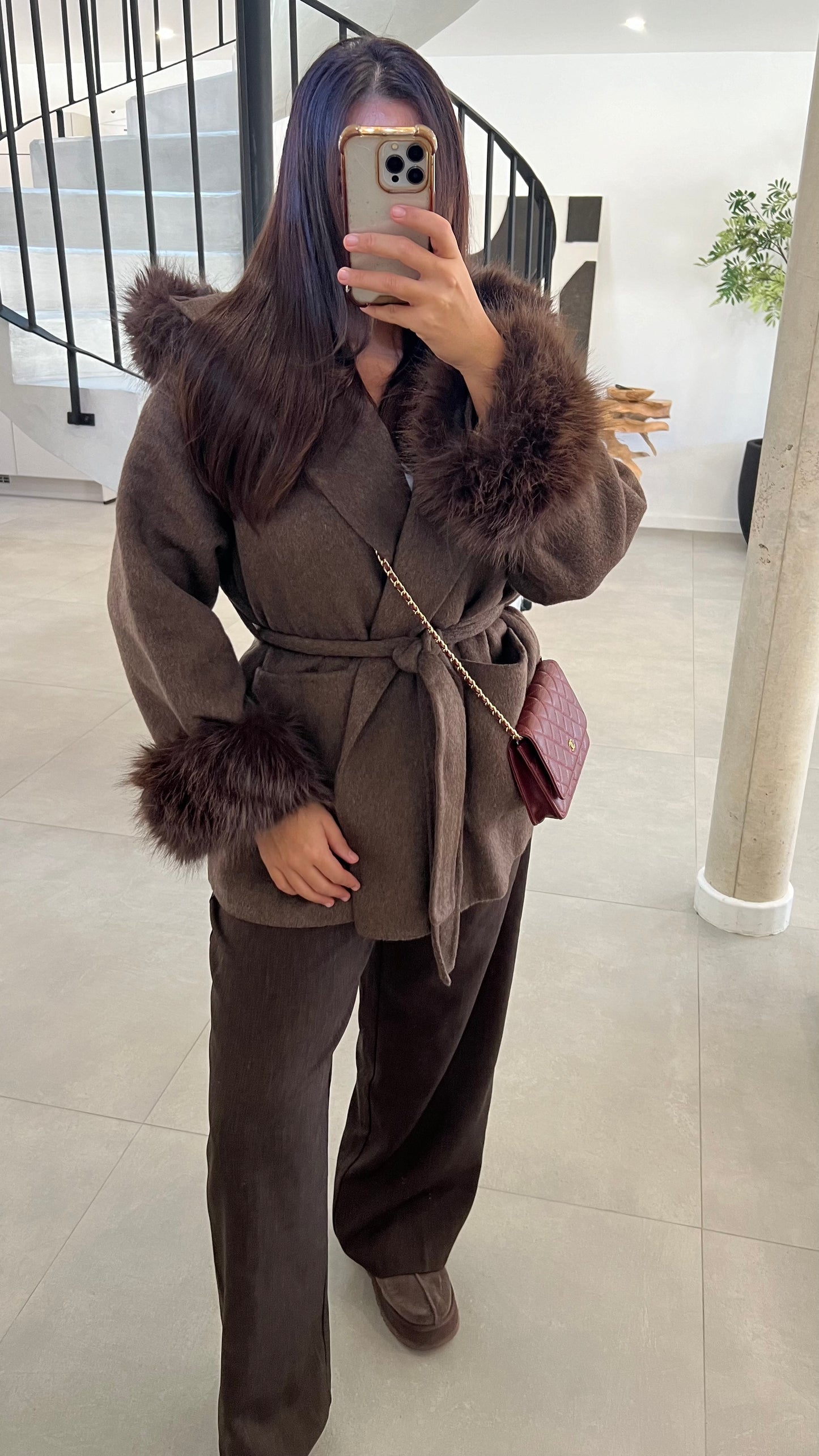 Manteau en laine mi long à fourrure choco