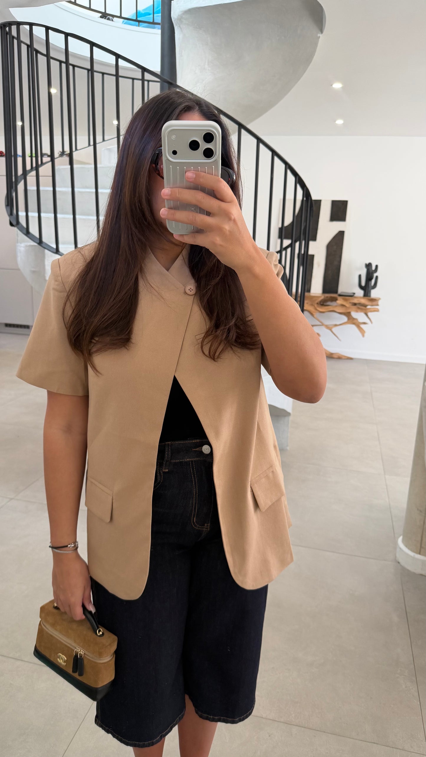 Blazer manche courte taupe effet lin