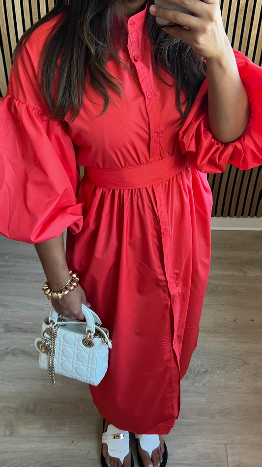 Robe chemise à manches bouffantes corail