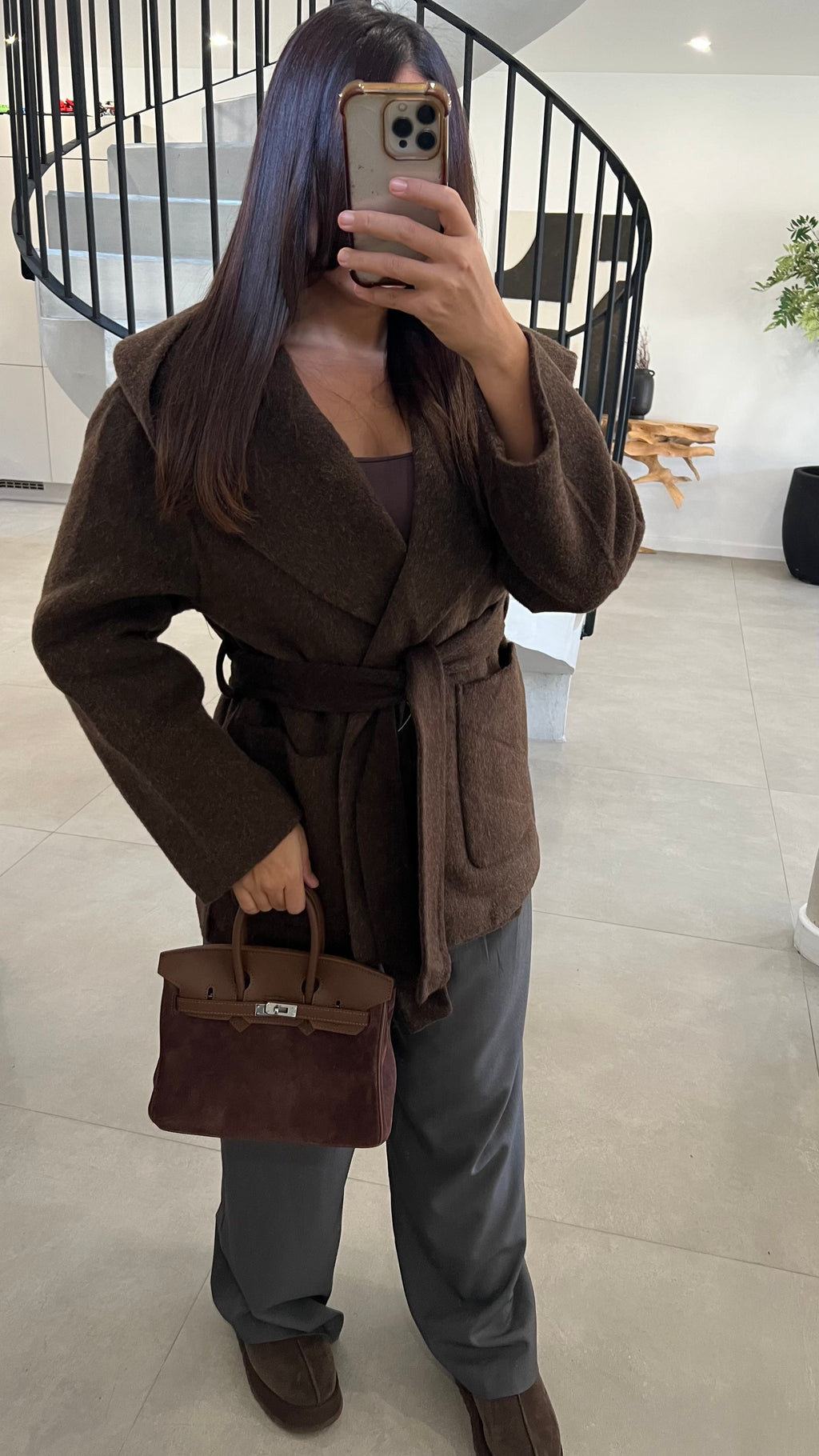 Manteau mi long en laine choco