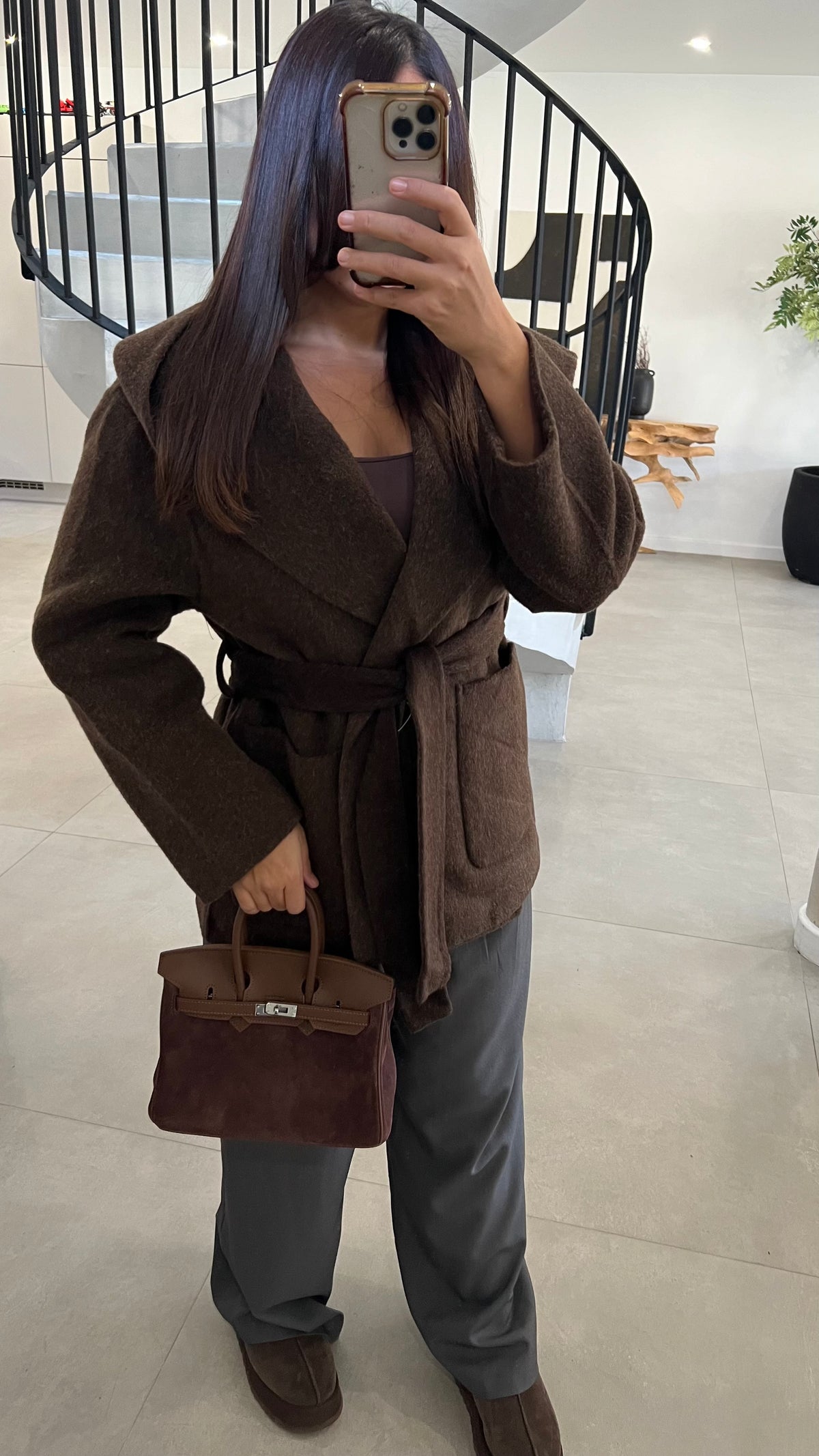 Manteau mi long en laine choco