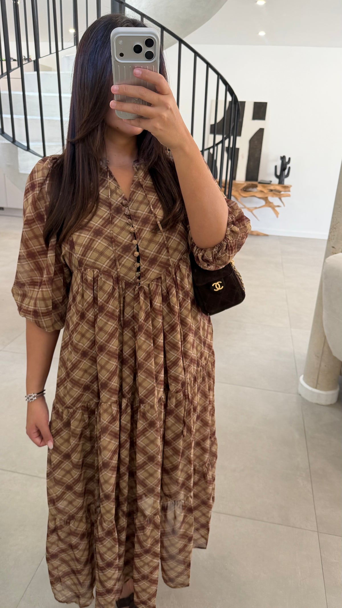 Robe longue en mousseline à carreaux