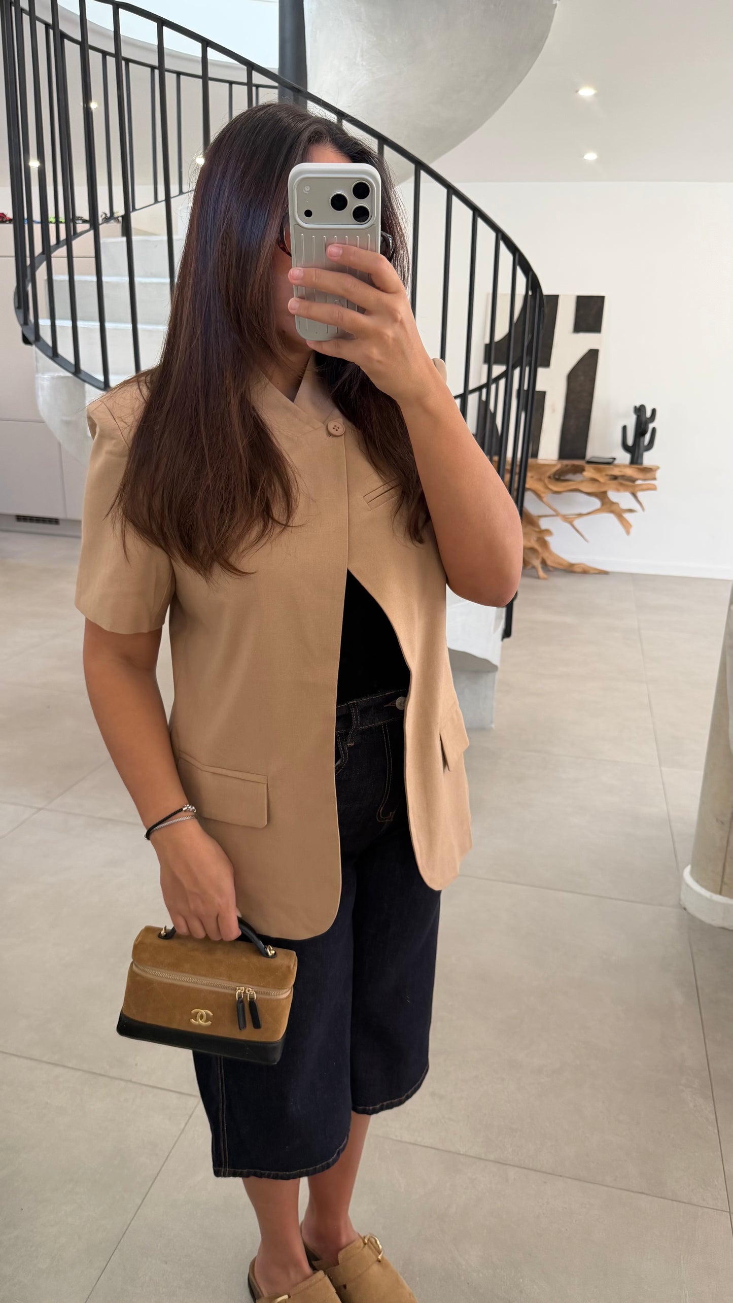 Blazer manche courte taupe effet lin