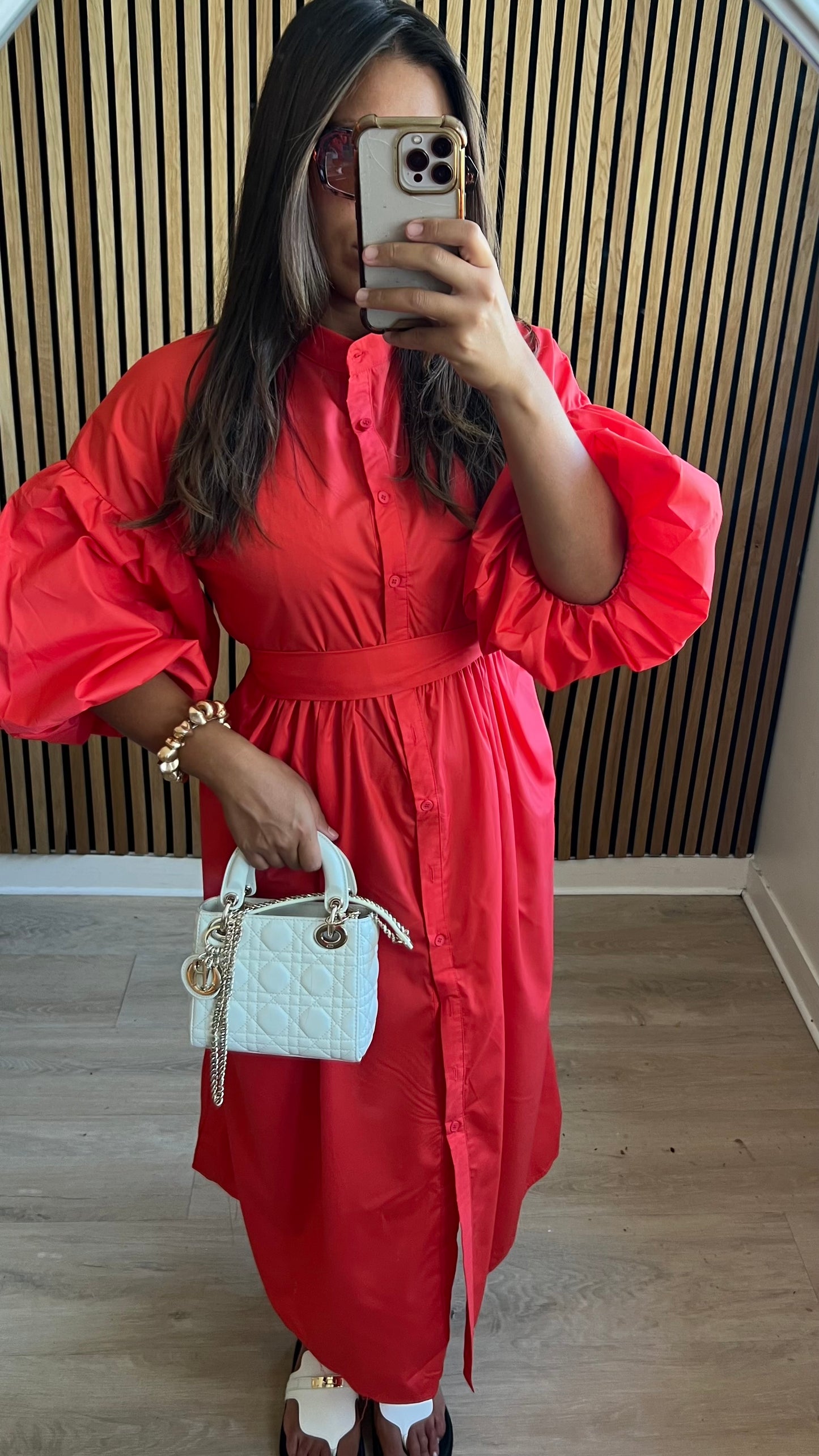 Robe chemise à manches bouffantes corail