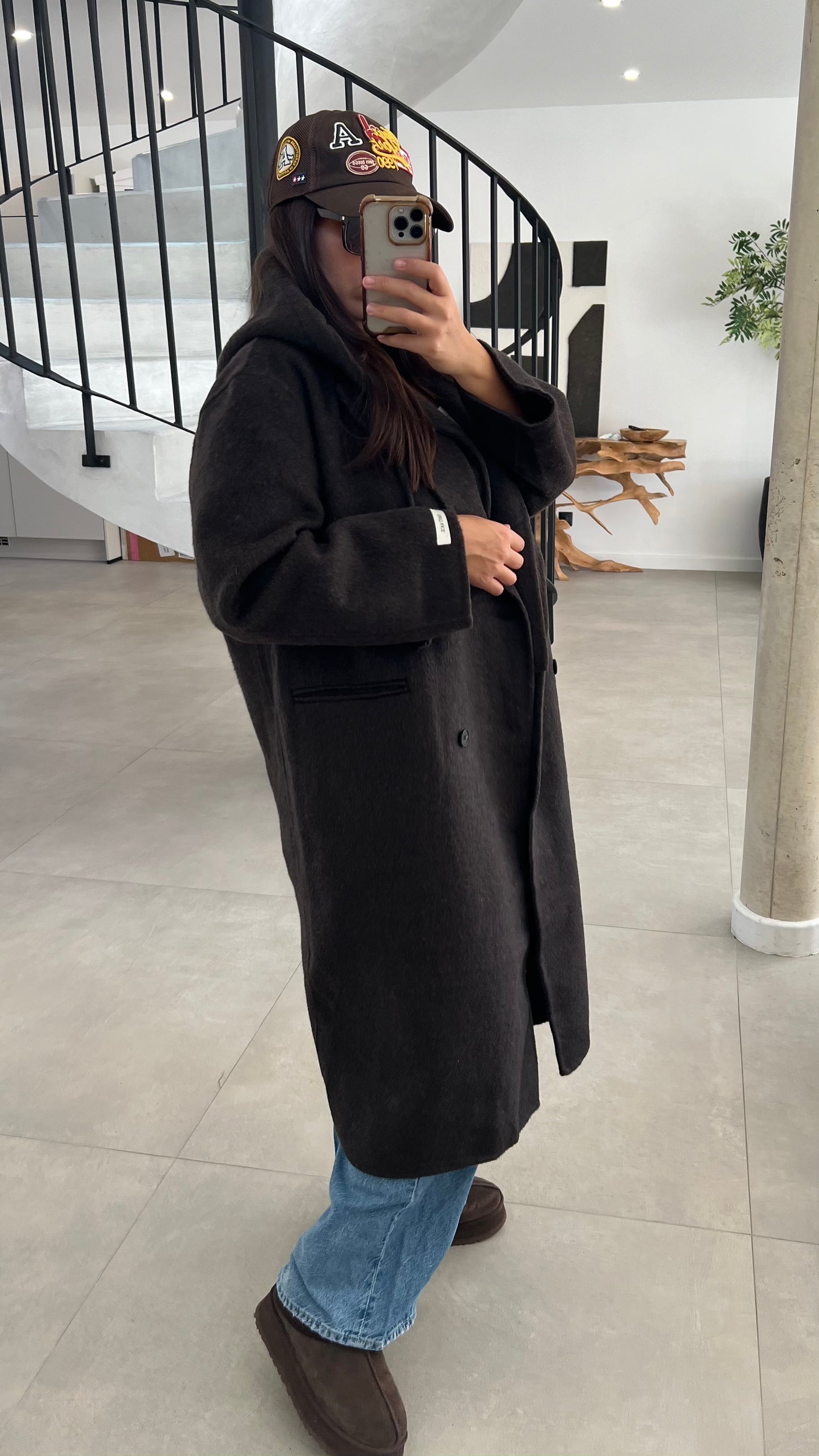 Manteau en laine à capuche amovible choco