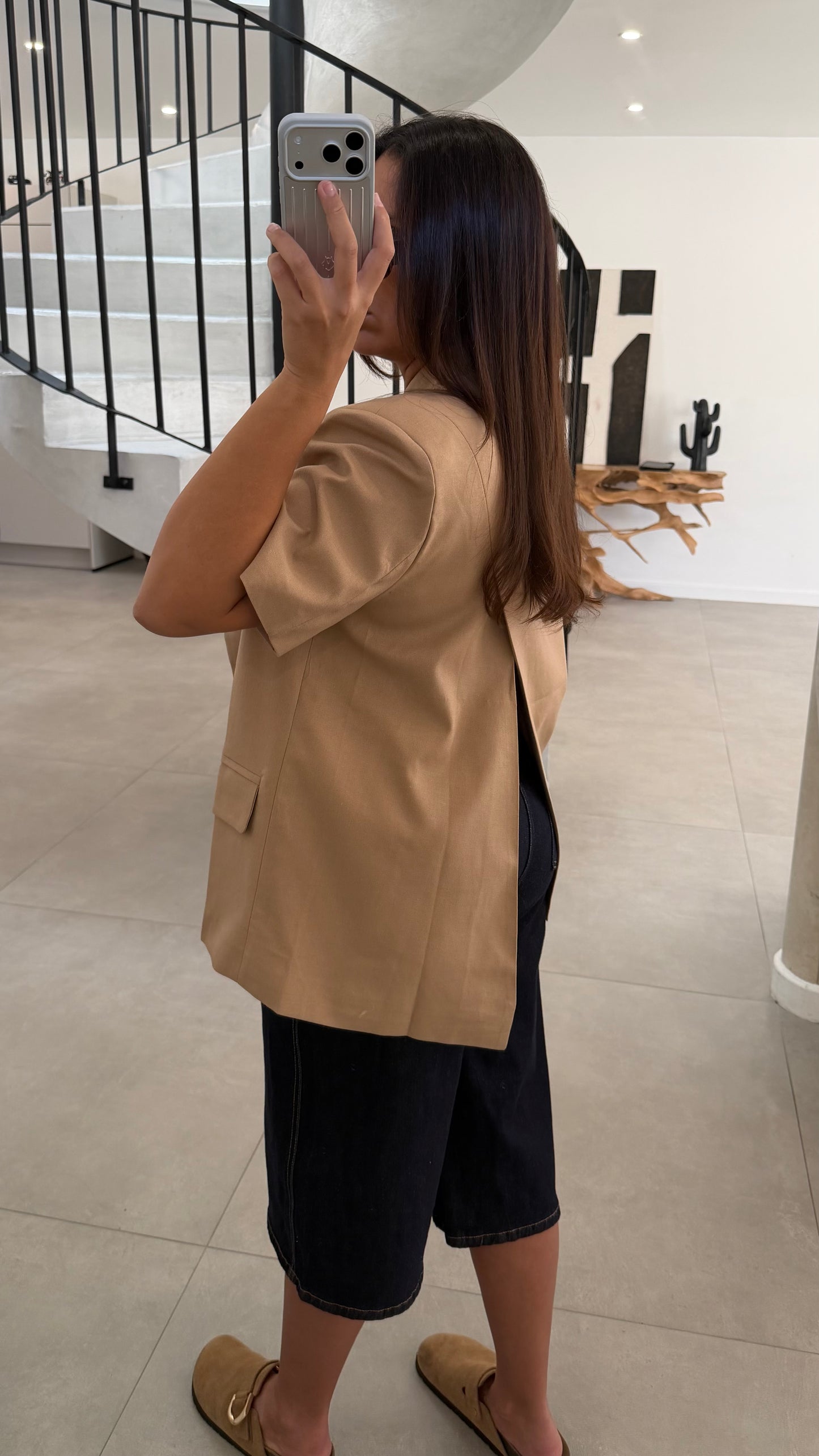 Blazer manche courte taupe effet lin