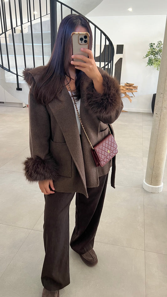 Manteau en laine mi long à fourrure choco