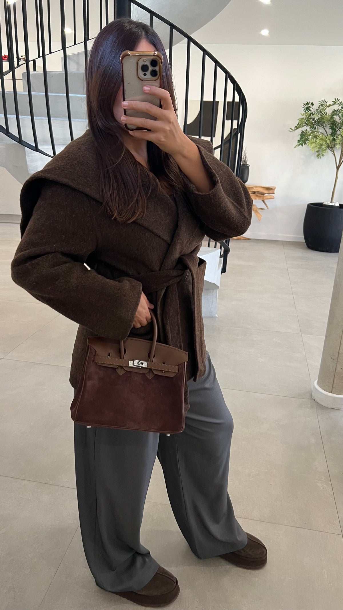 Manteau mi long en laine choco