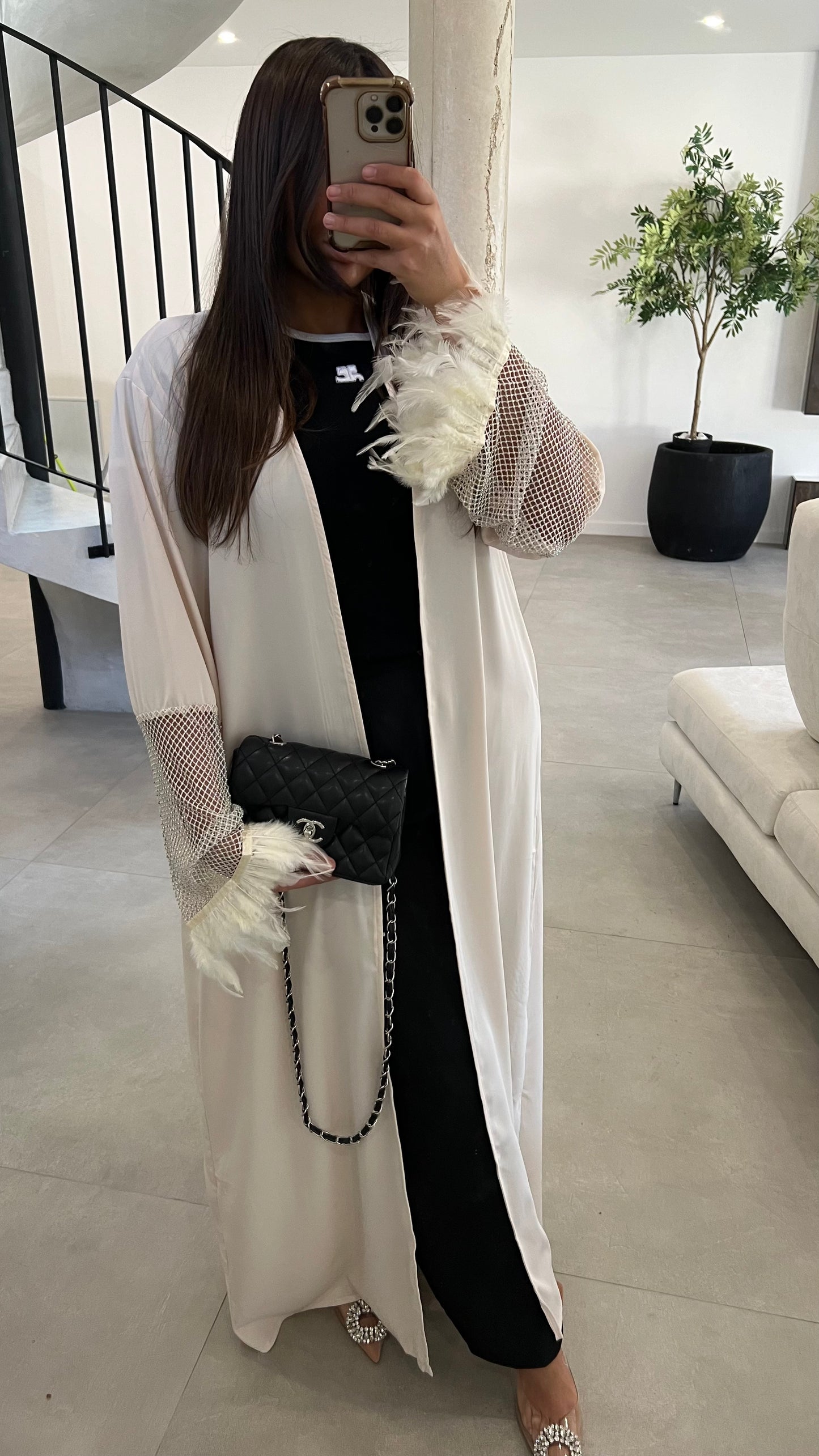 Kimono à strass et plumes beige