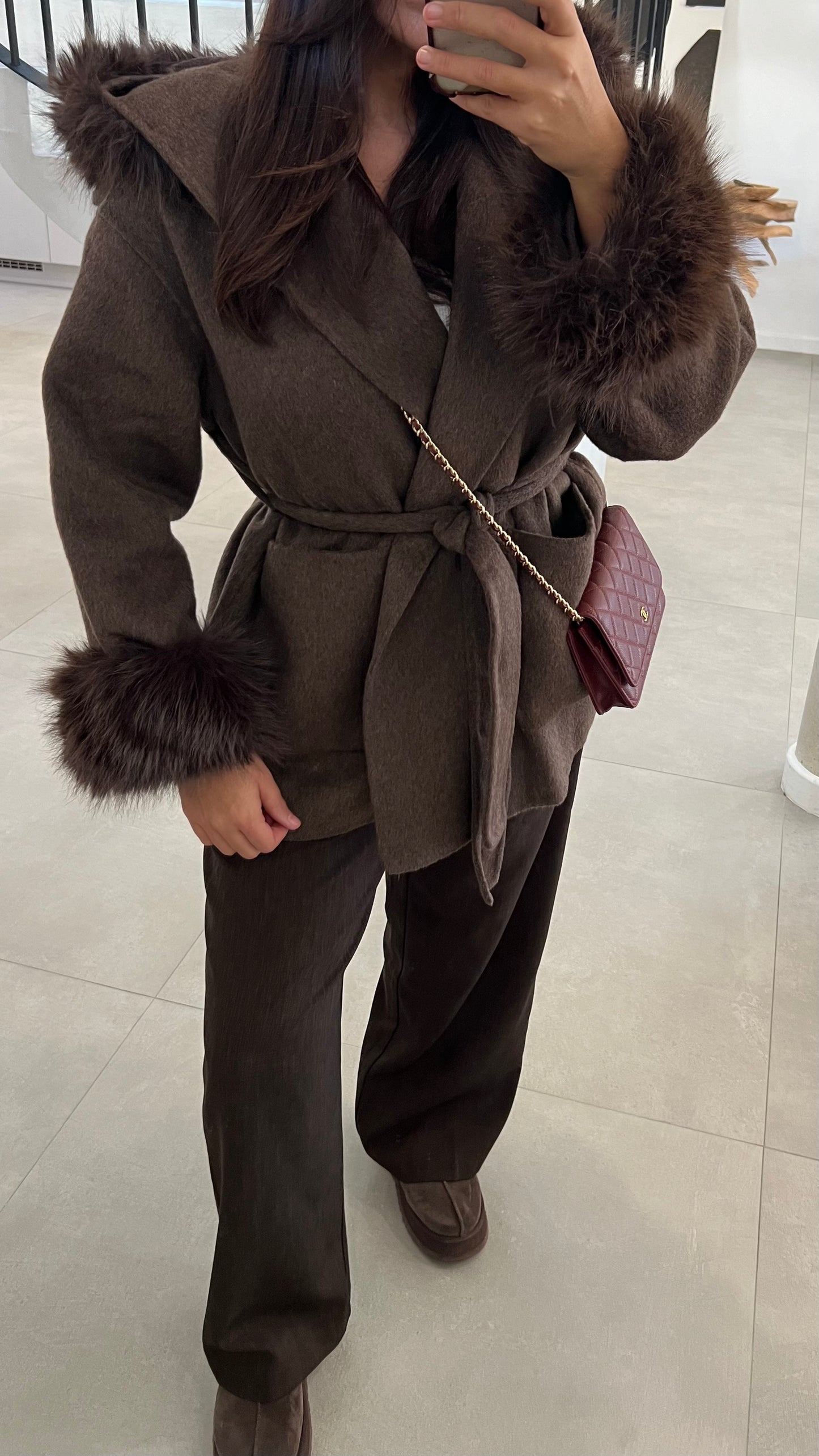 Manteau en laine mi long à fourrure choco