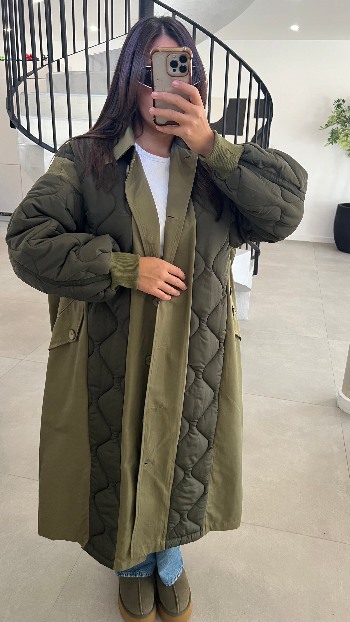 Manteau long matelassé vert kaki