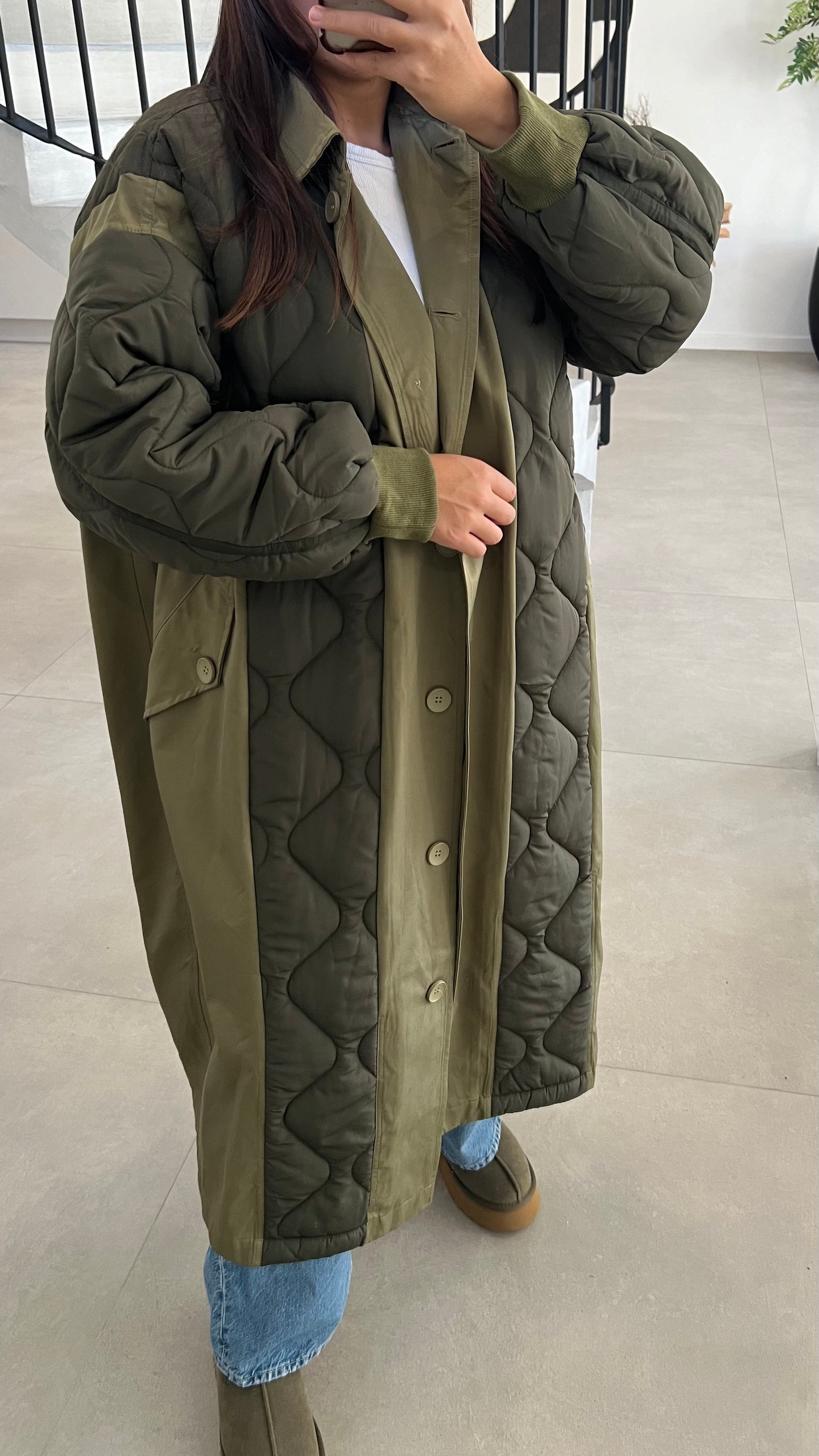 Manteau long matelassé vert kaki