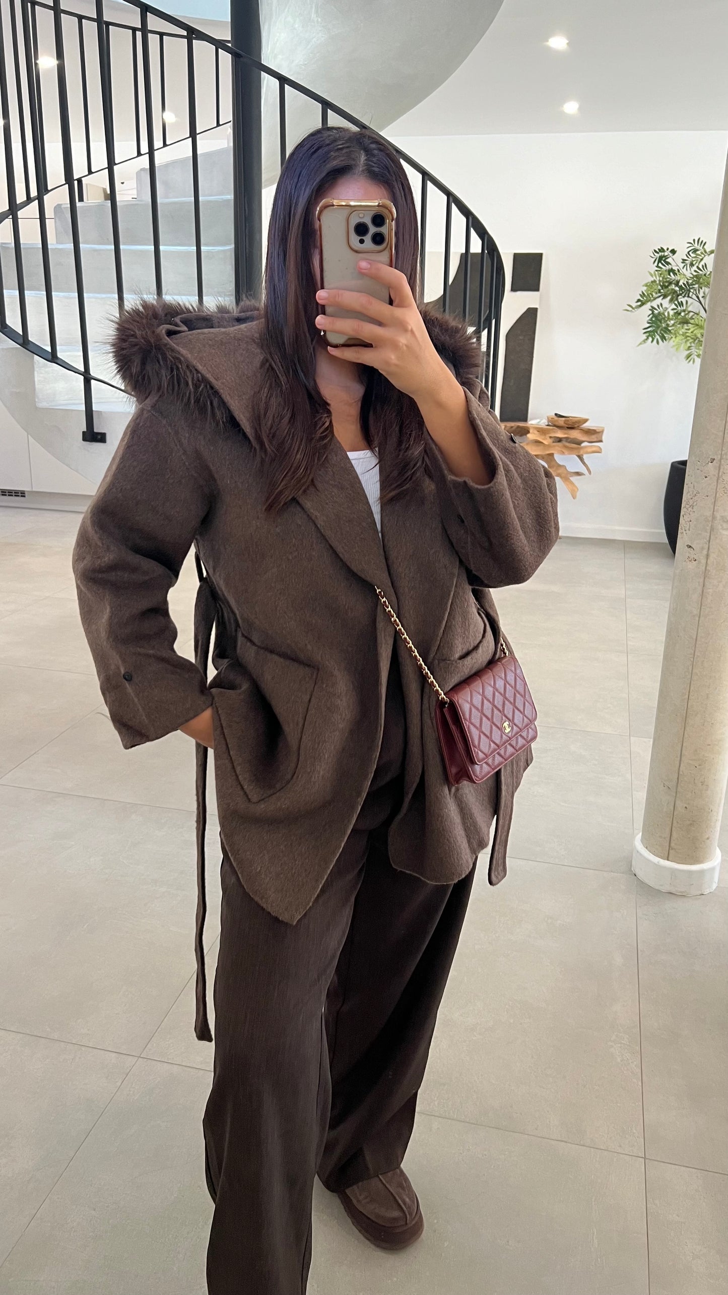 Manteau en laine mi long à fourrure choco