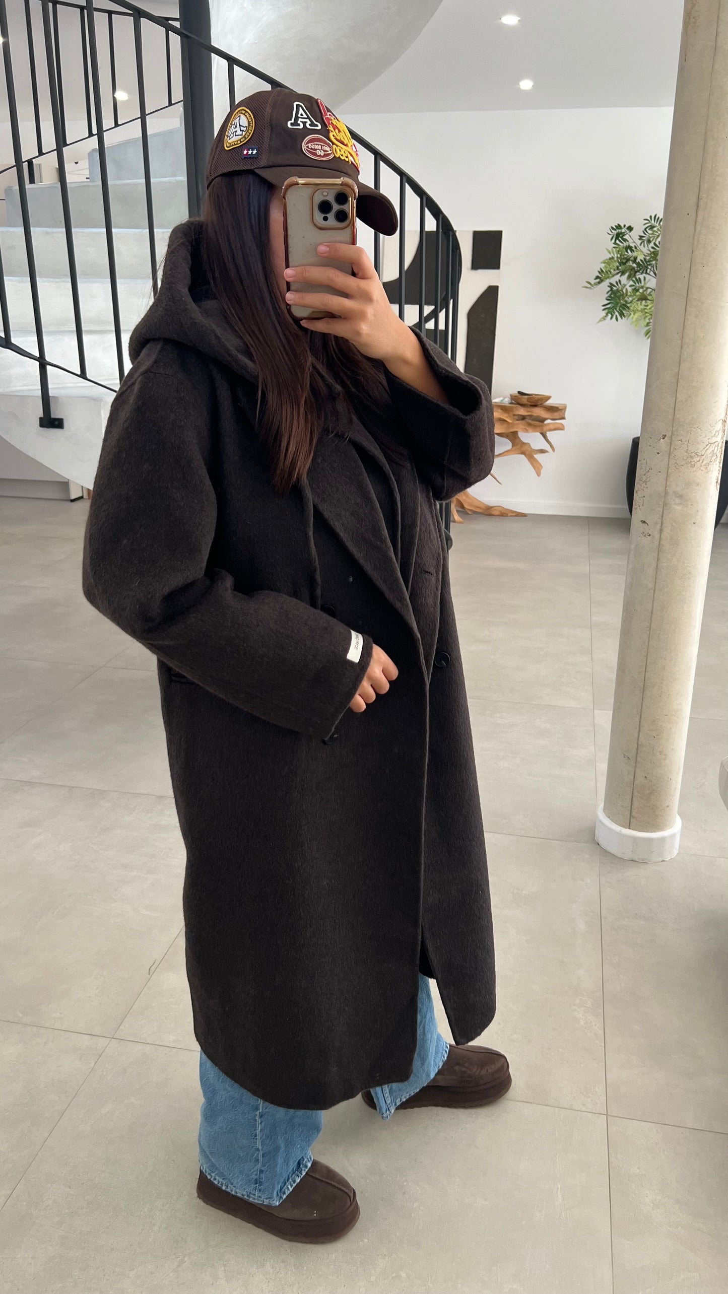 Manteau en laine à capuche amovible choco