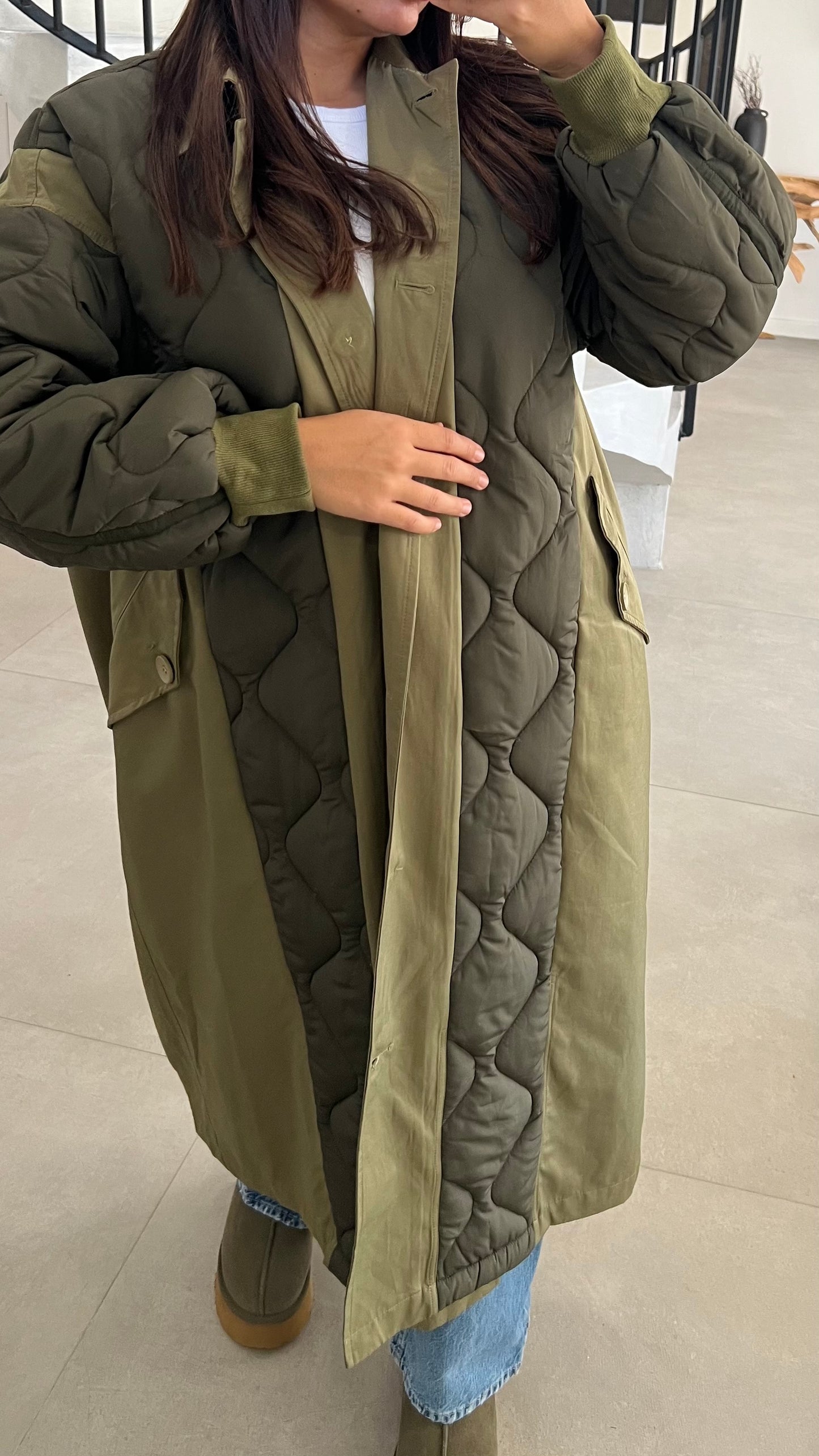 Manteau long matelassé vert kaki
