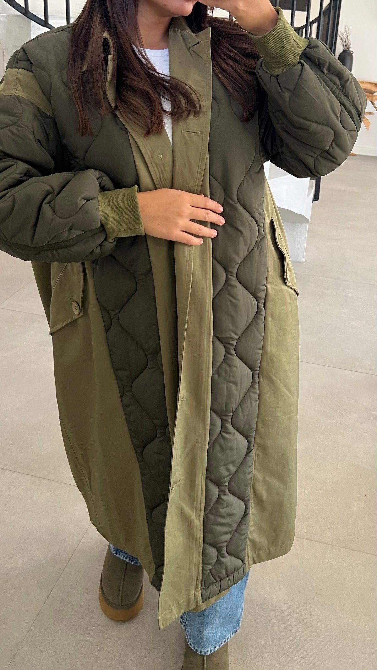 Manteau long matelassé vert kaki