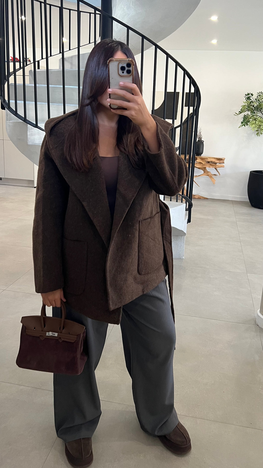 Manteau mi long en laine choco