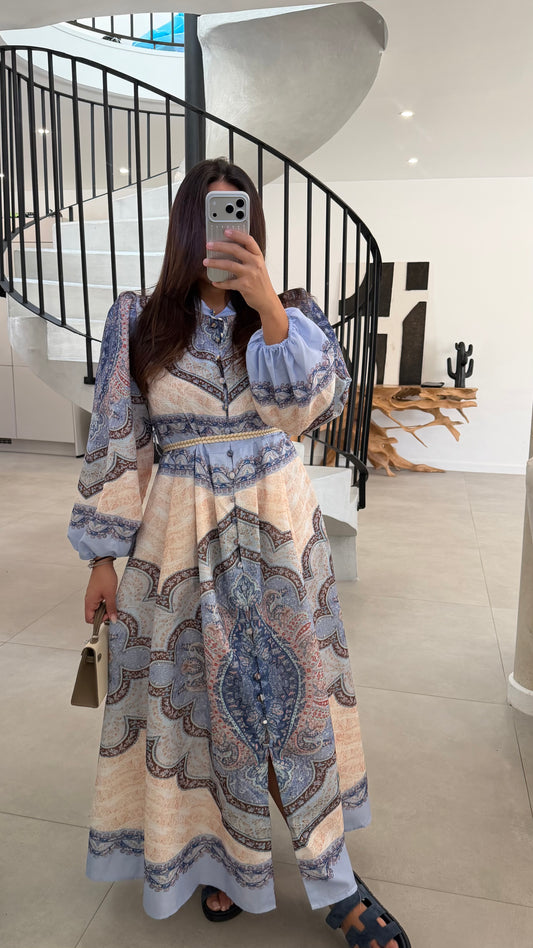 Robe longue à motifs bleu