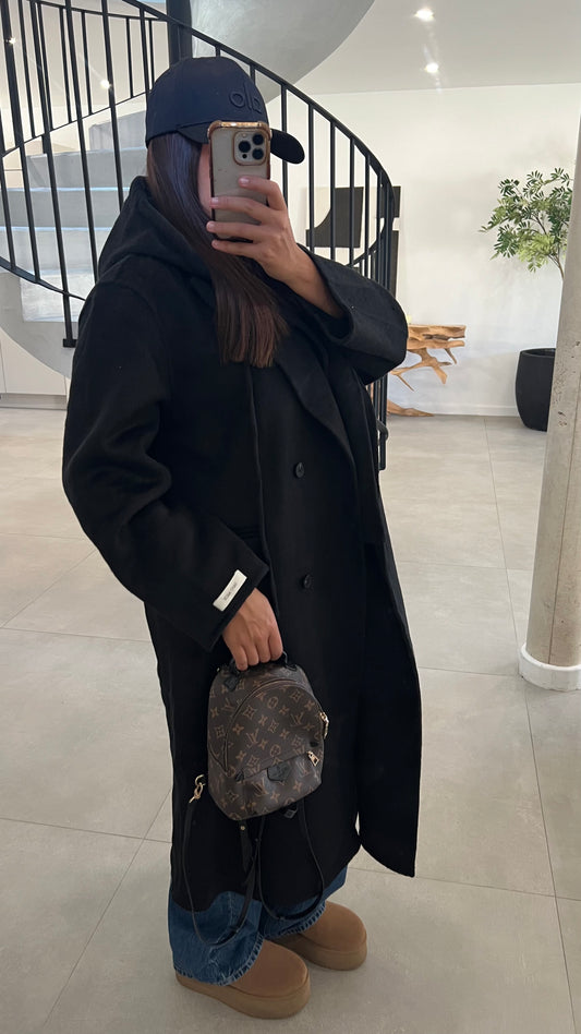 Manteau en laine à capuche amovible noir