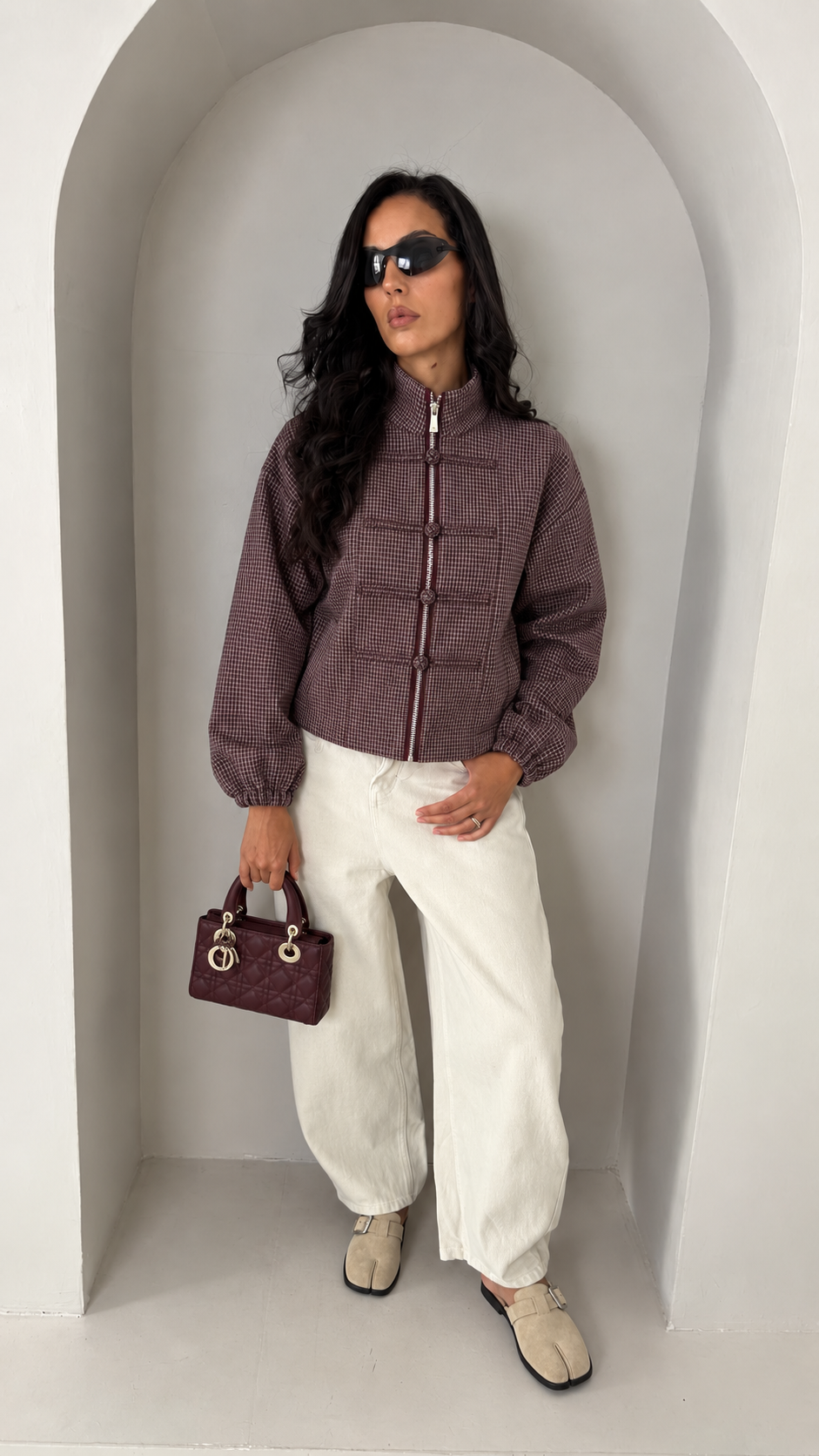 Veste Shanghai a carreaux bordeaux