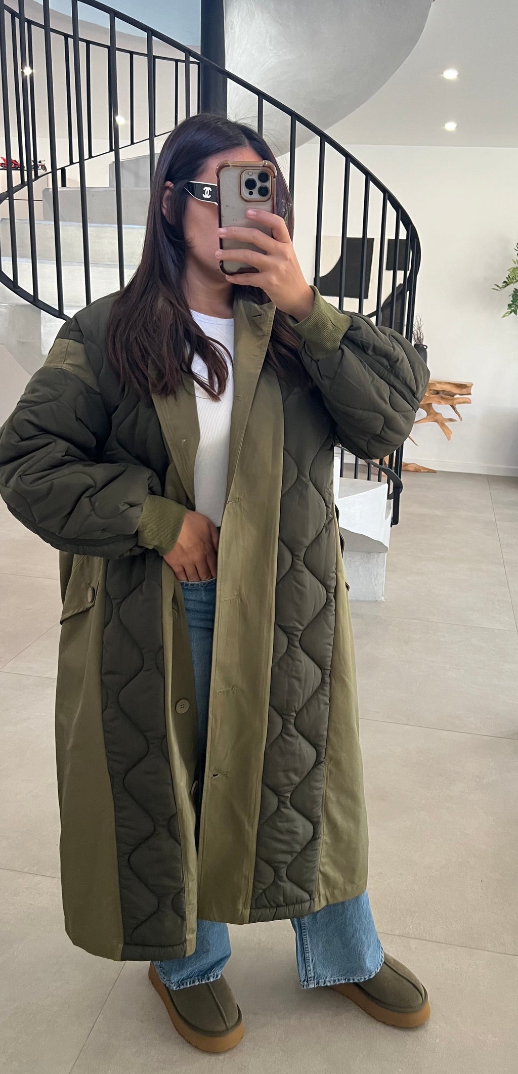 Manteau long matelassé vert kaki