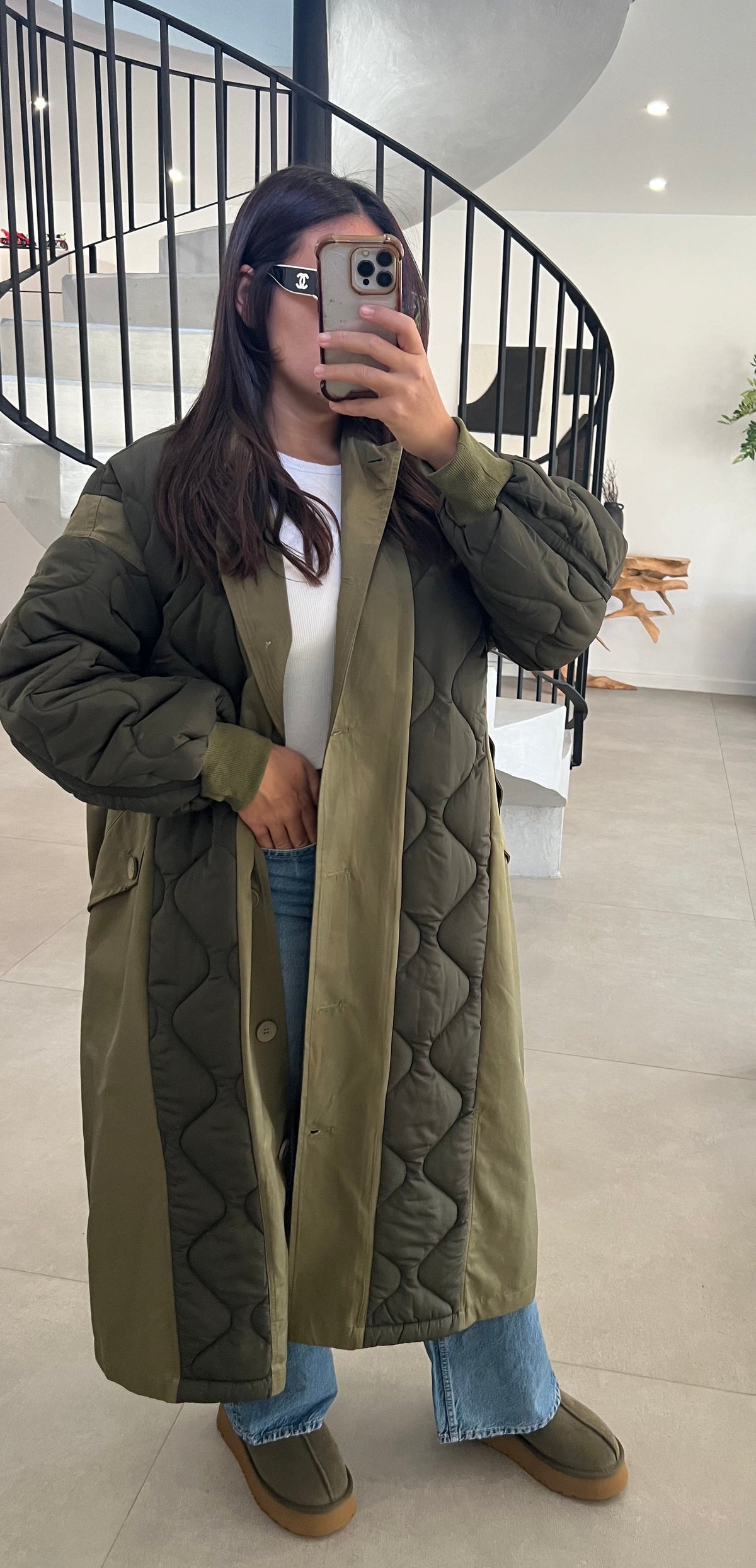 Manteau long matelassé vert kaki