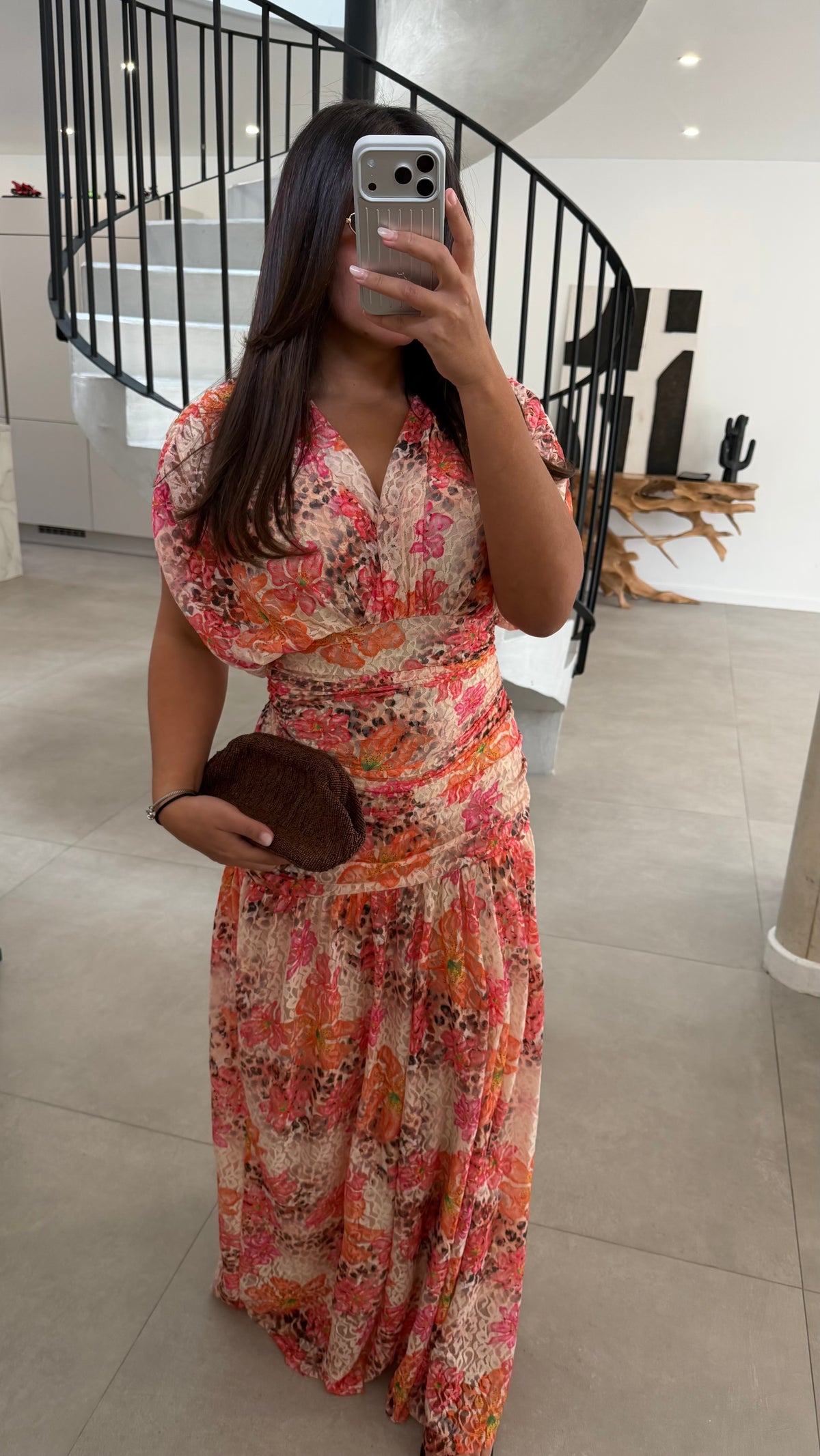 Robe longue brodée en coton multicolore