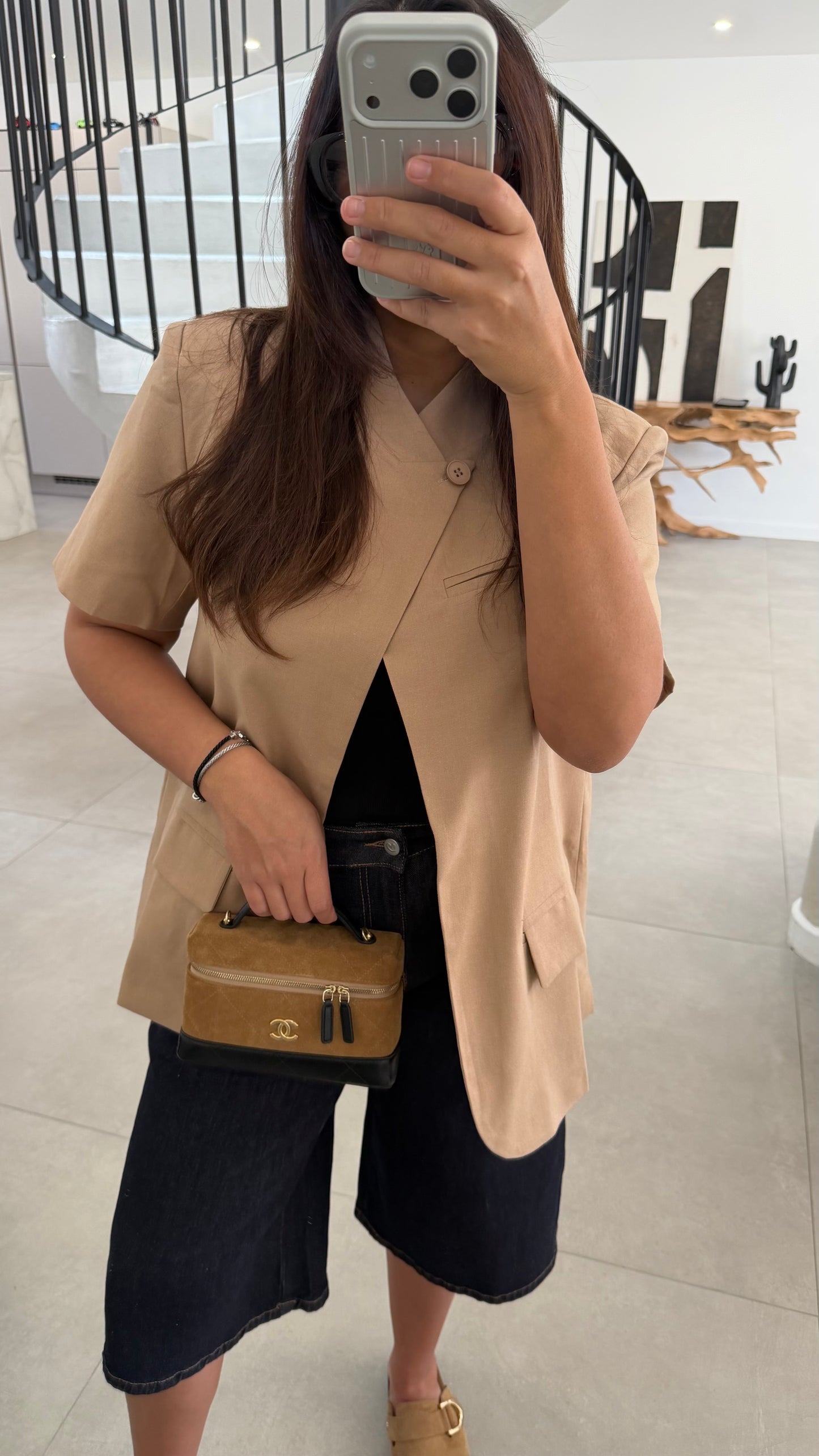 Blazer manche courte taupe effet lin