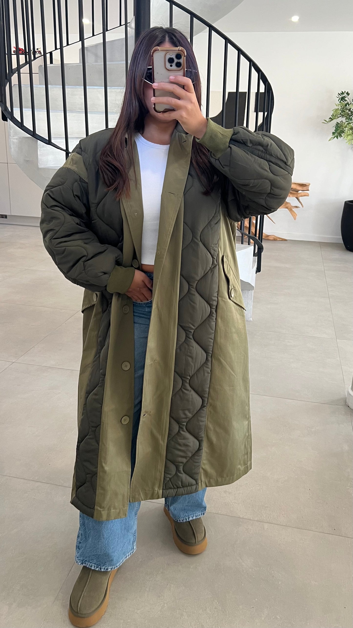 Manteau long matelassé vert kaki