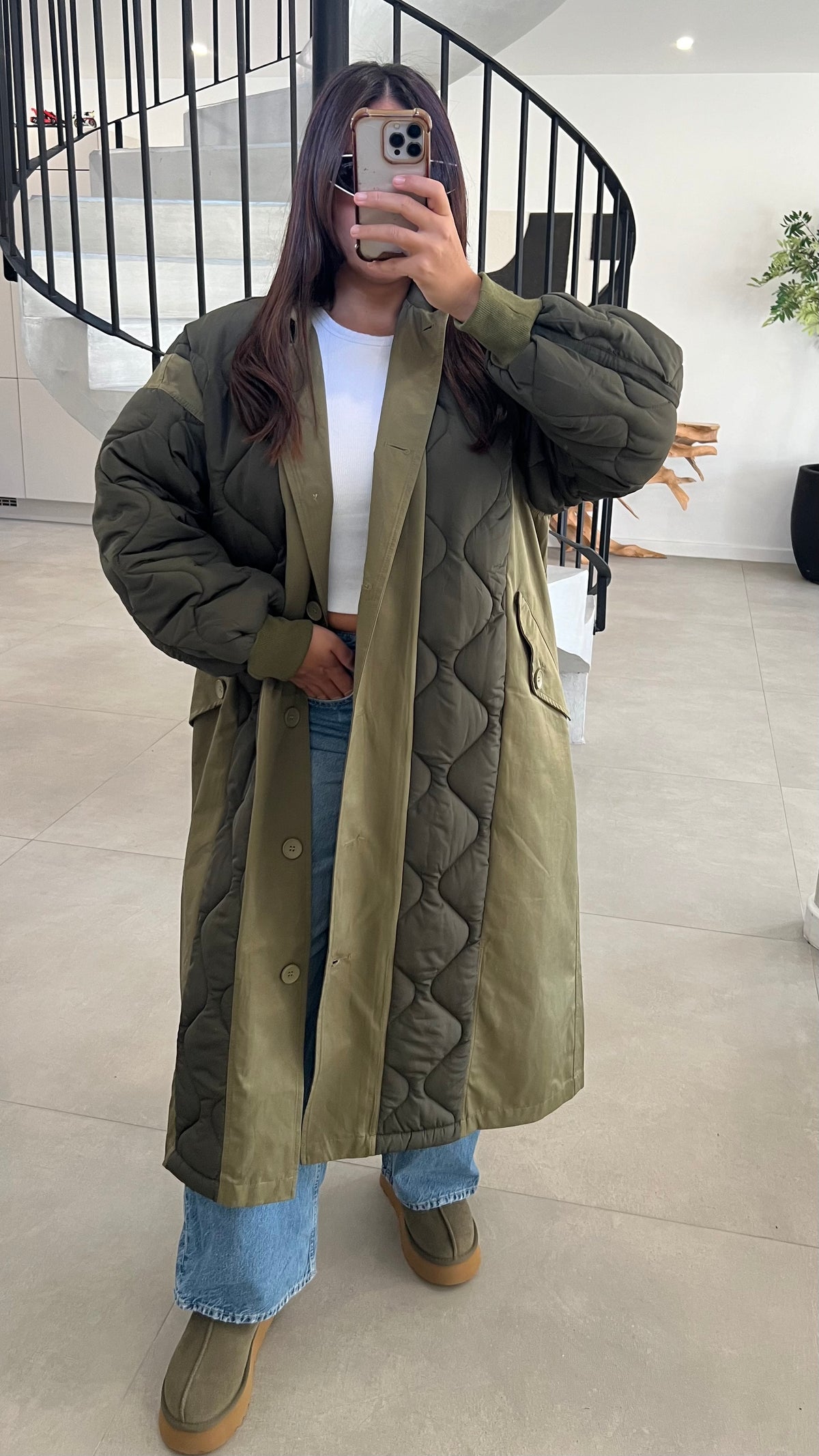 Manteau long matelassé vert kaki