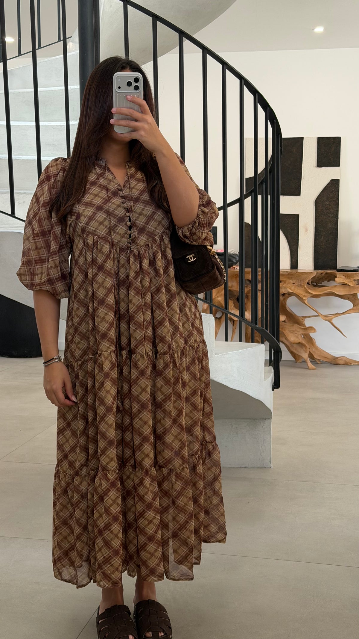 Robe longue en mousseline à carreaux
