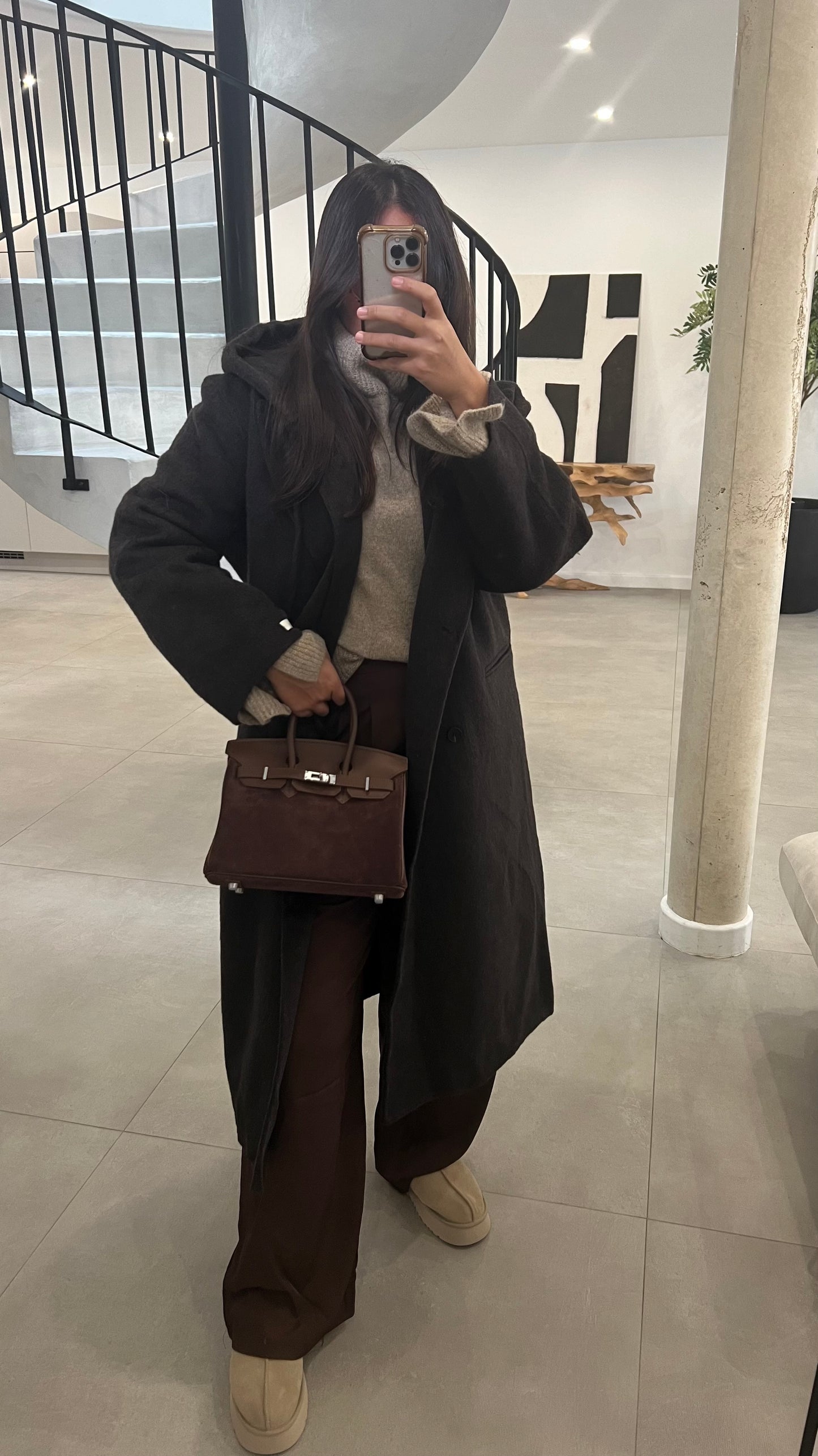 Manteau en laine à capuche amovible choco
