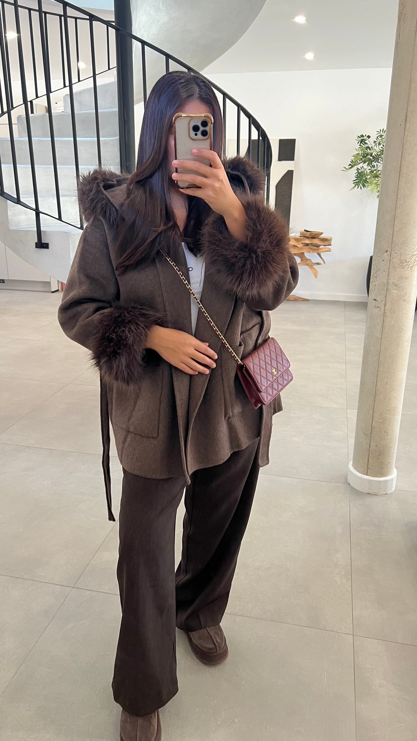 Manteau en laine mi long à fourrure choco