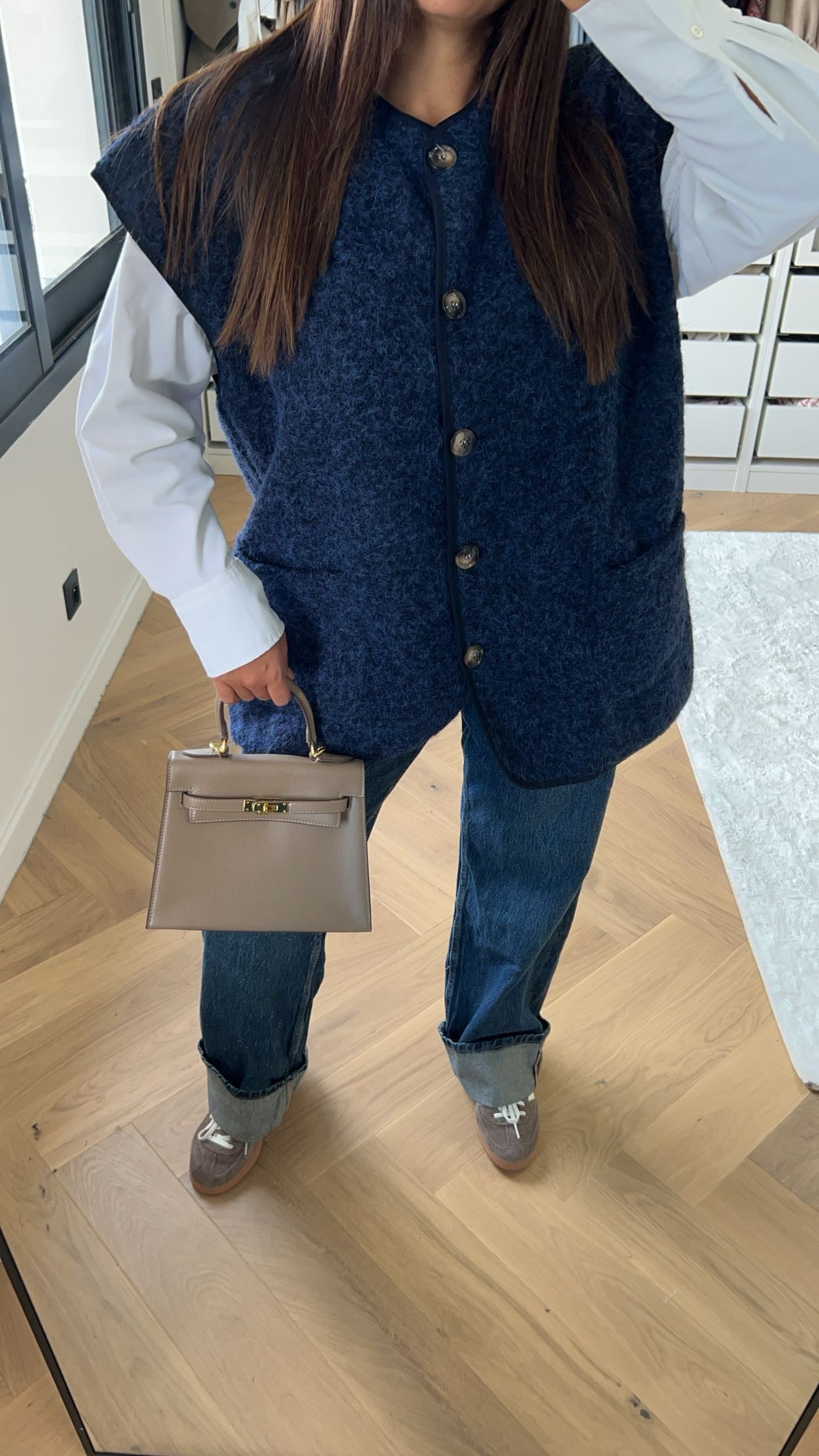 Gilet oversize sans manche en laine bouclé bleu